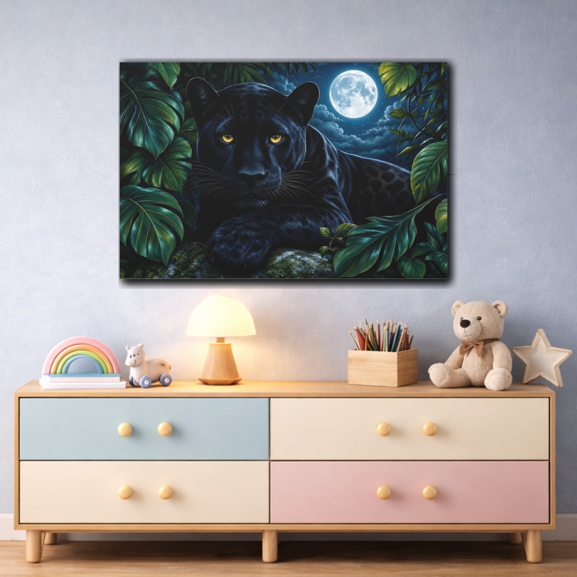 Mockup 3. Cinematic Nature Realism Black Panther Beneath Moonlit Jungle Leaves shown as stretched canvas wall art