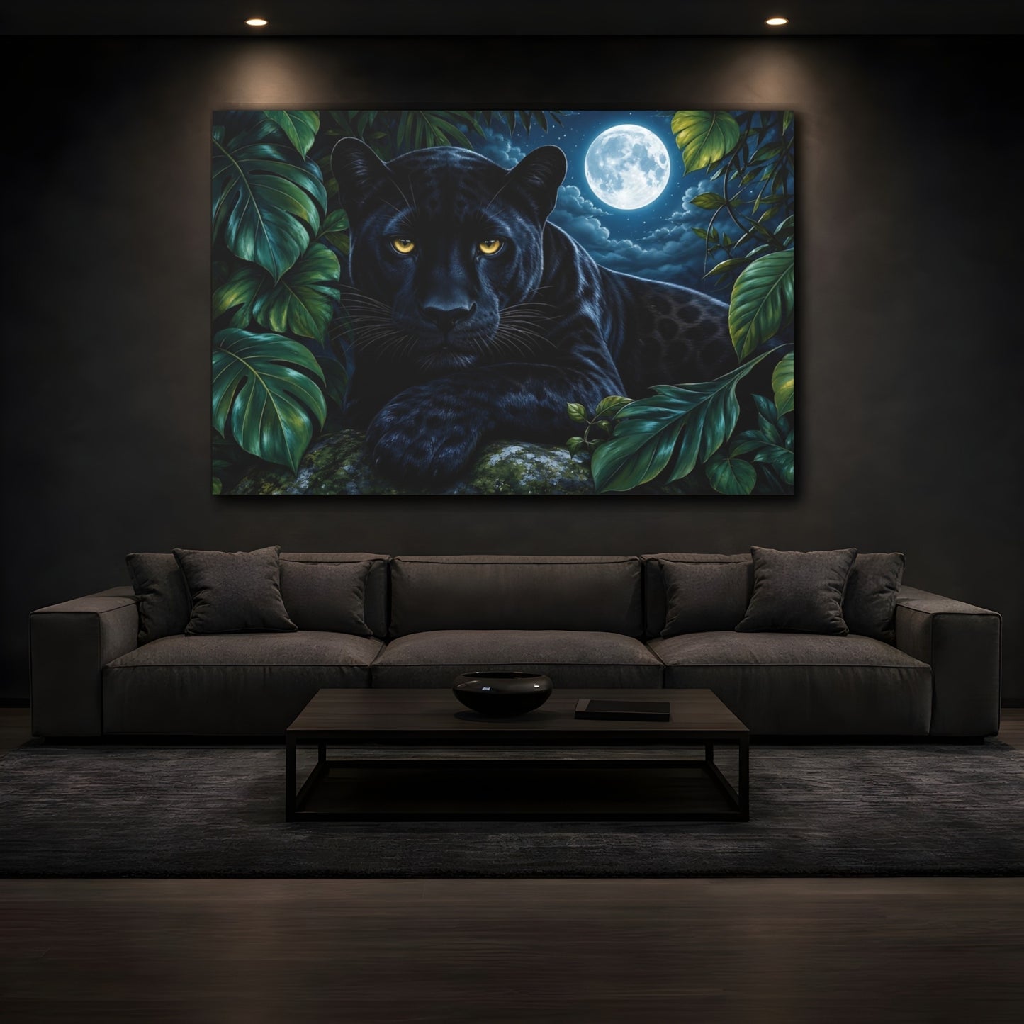 Mockup 4. Cinematic Nature Realism Black Panther Beneath Moonlit Jungle Leaves shown as stretched canvas wall art