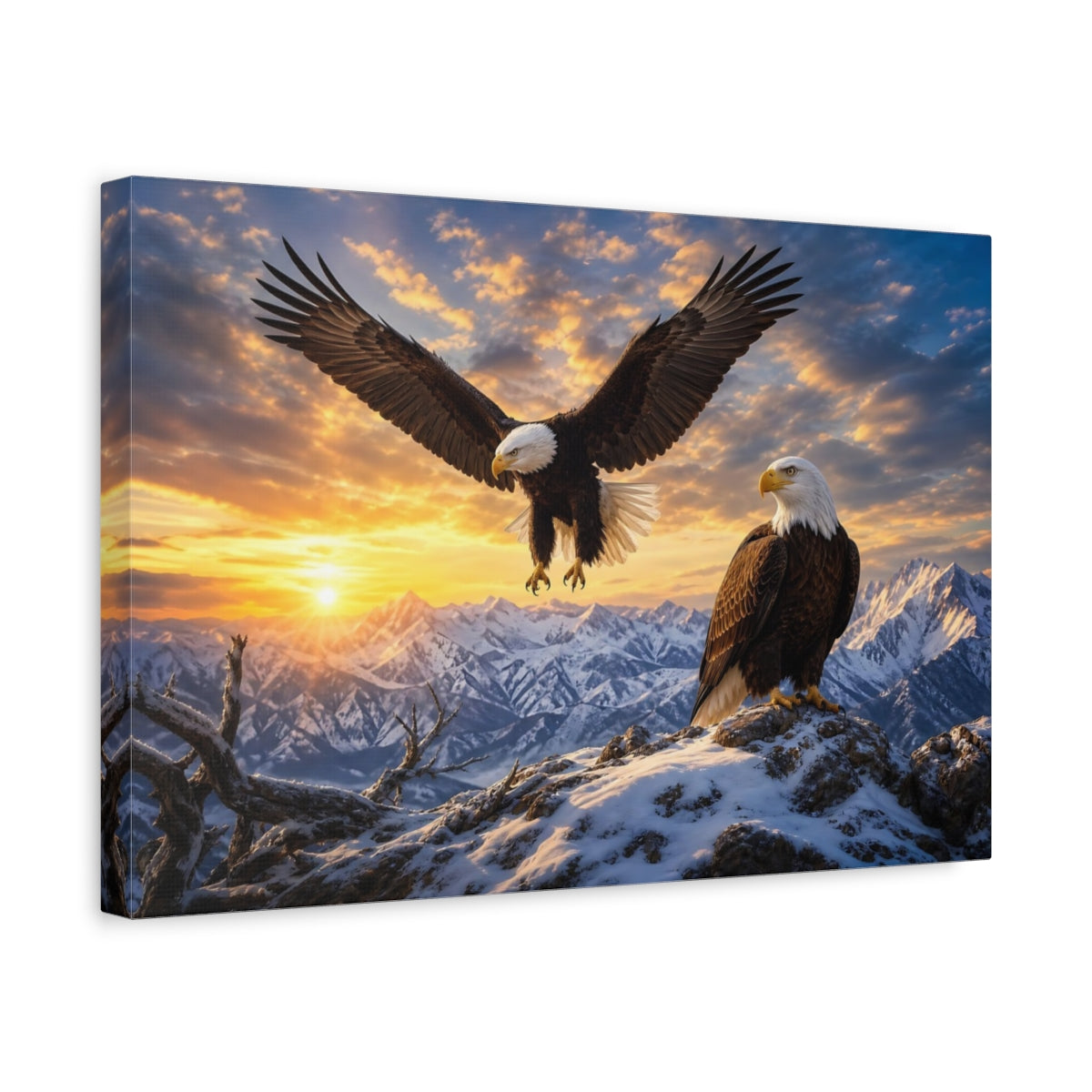 Side Mockup 4. Cinematic Nature Realism Eagle Pair Over Snowy Ridge shown as stretched canvas wall art