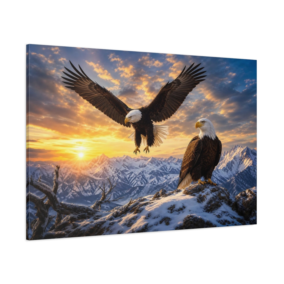 Side Mockup 1. Cinematic Nature Realism Eagle Pair Over Snowy Ridge shown as stretched canvas wall art