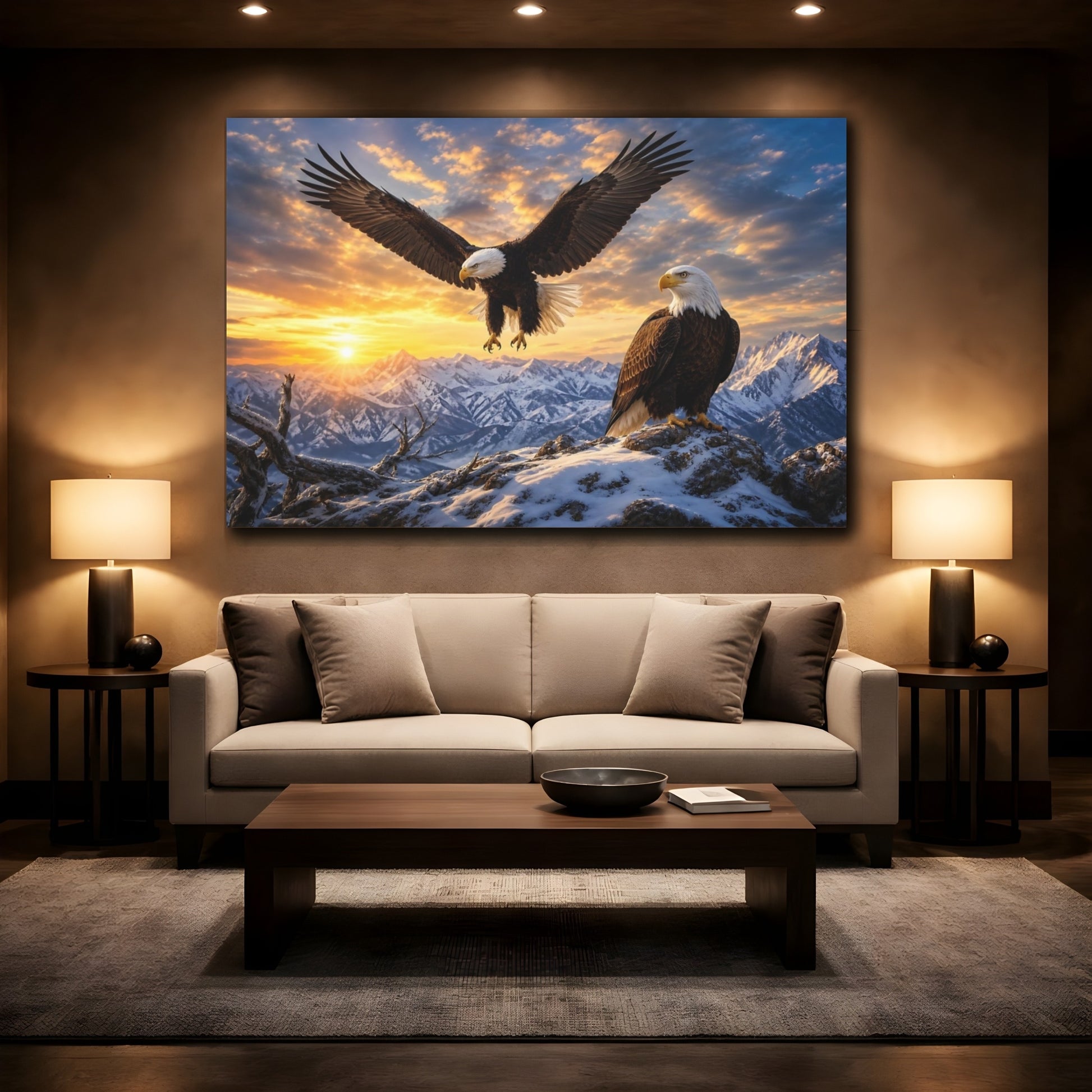 Mockup 2. Cinematic Nature Realism Eagle Pair Over Snowy Ridge shown as stretched canvas wall art