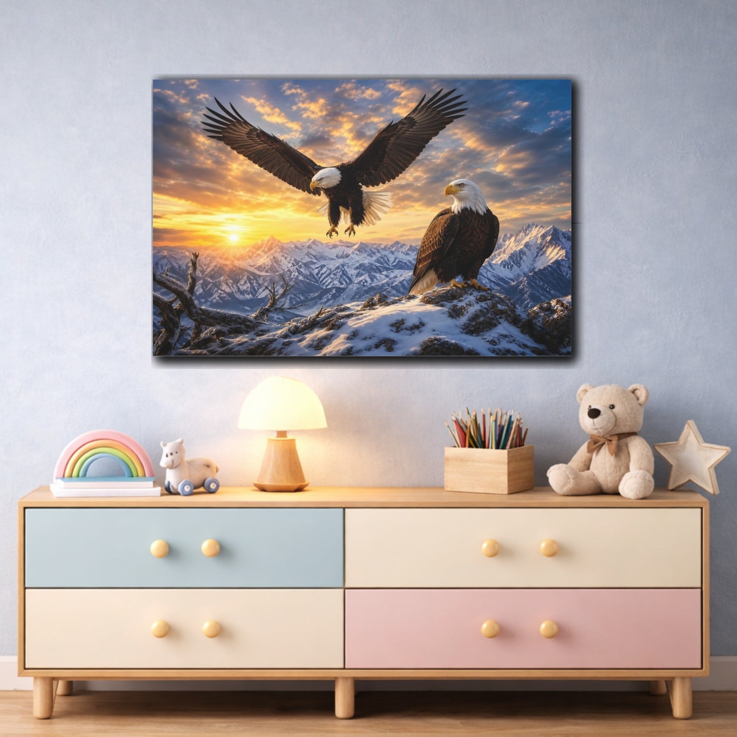 Mockup 3. Cinematic Nature Realism Eagle Pair Over Snowy Ridge shown as stretched canvas wall art