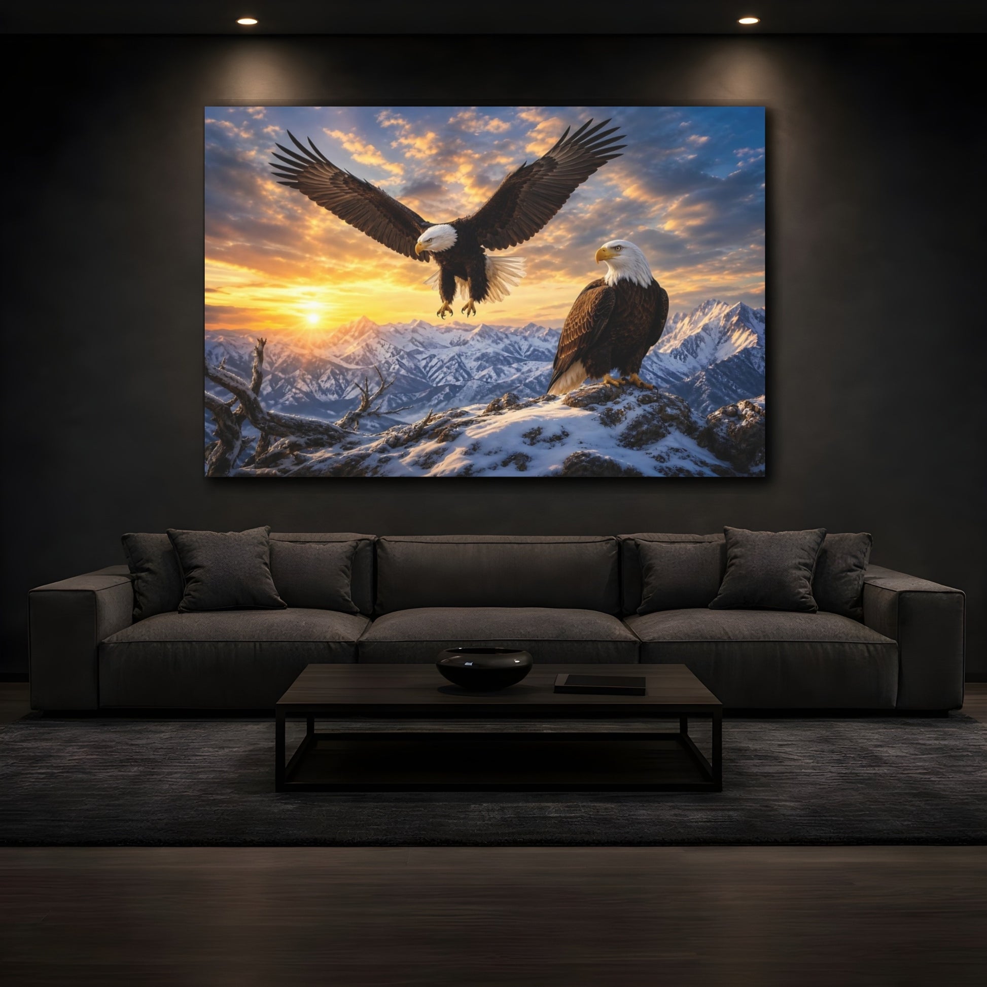 Mockup 4. Cinematic Nature Realism Eagle Pair Over Snowy Ridge shown as stretched canvas wall art