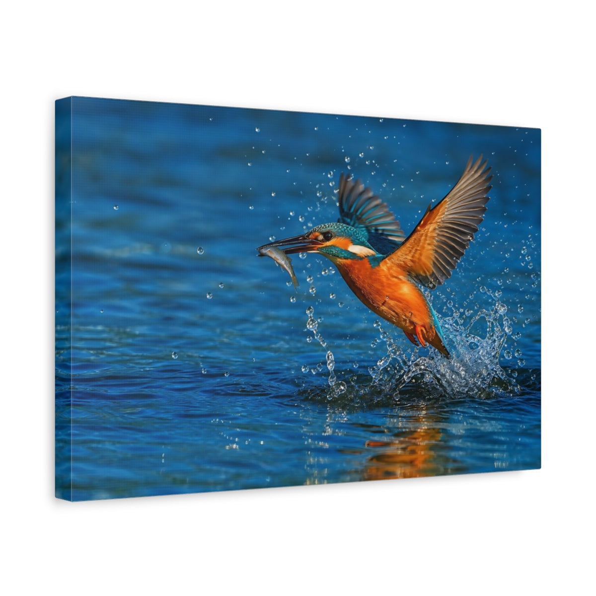 Side Mockup 4. Cinematic Nature Realism Kingfisher Above Blue River Water shown as stretched canvas wall art