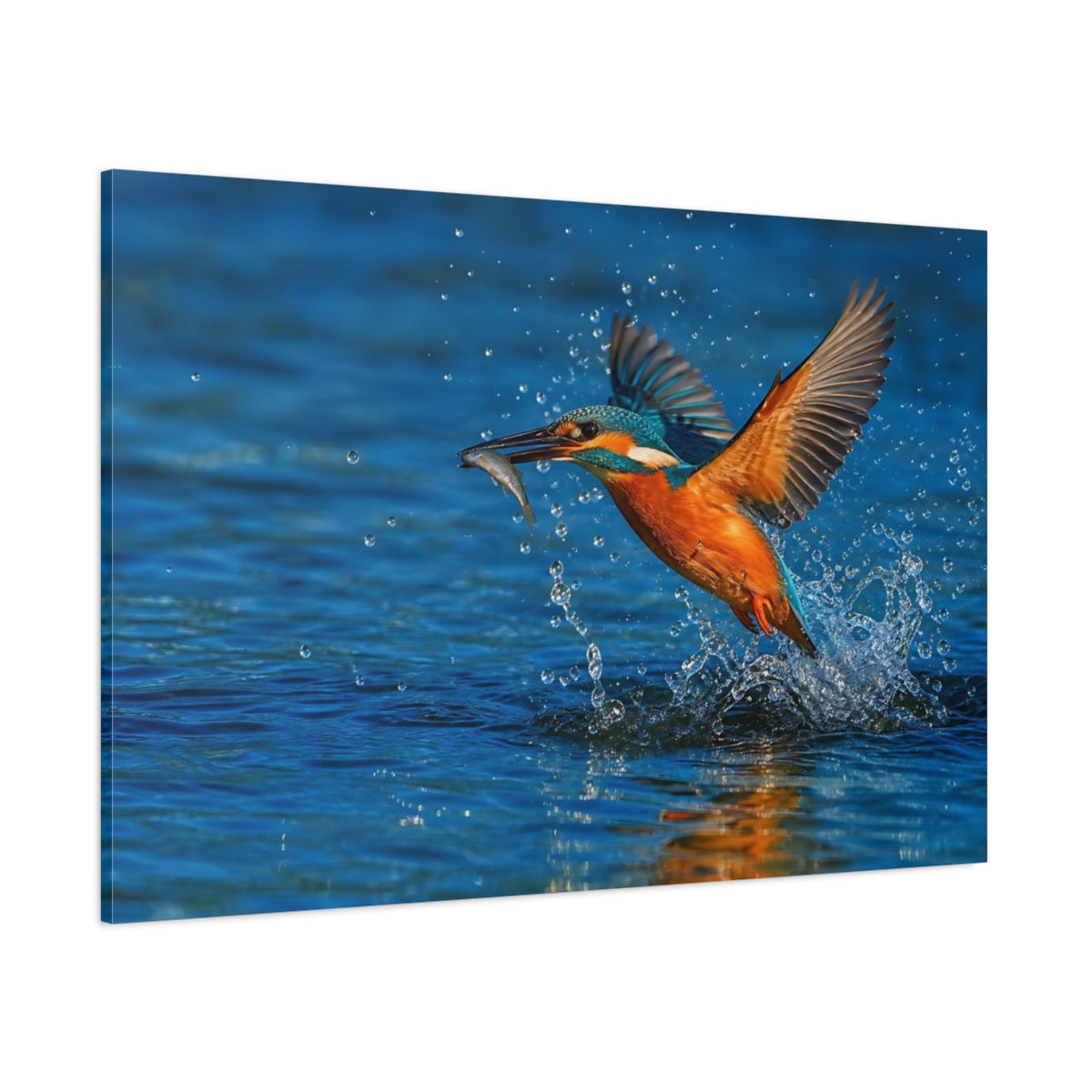 Side Mockup 1. Cinematic Nature Realism Kingfisher Above Blue River Water shown as stretched canvas wall art