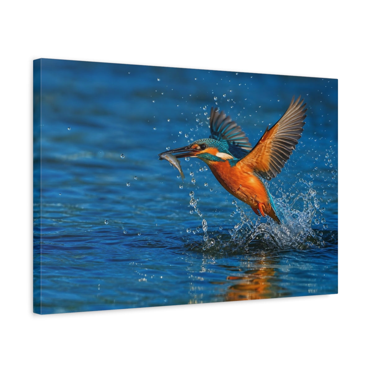 Side Mockup 3. Cinematic Nature Realism Kingfisher Above Blue River Water shown as stretched canvas wall art
