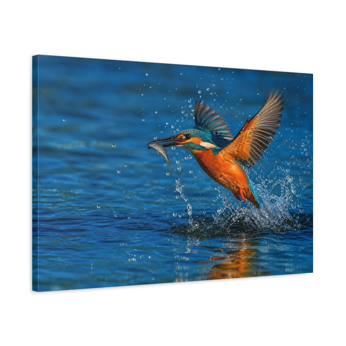 Side Mockup 2. Cinematic Nature Realism Kingfisher Above Blue River Water shown as stretched canvas wall art