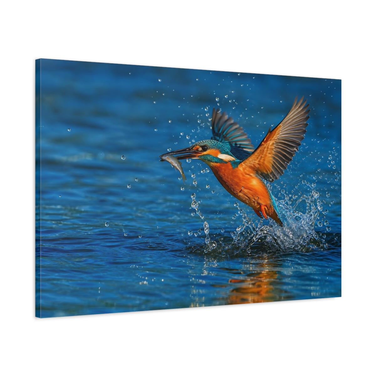 Main Mockup. Cinematic Nature Realism Kingfisher Above Blue River Water shown as stretched canvas wall art