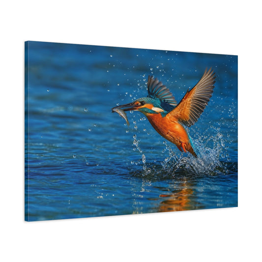 Main Mockup. Cinematic Nature Realism Kingfisher Above Blue River Water shown as stretched canvas wall art