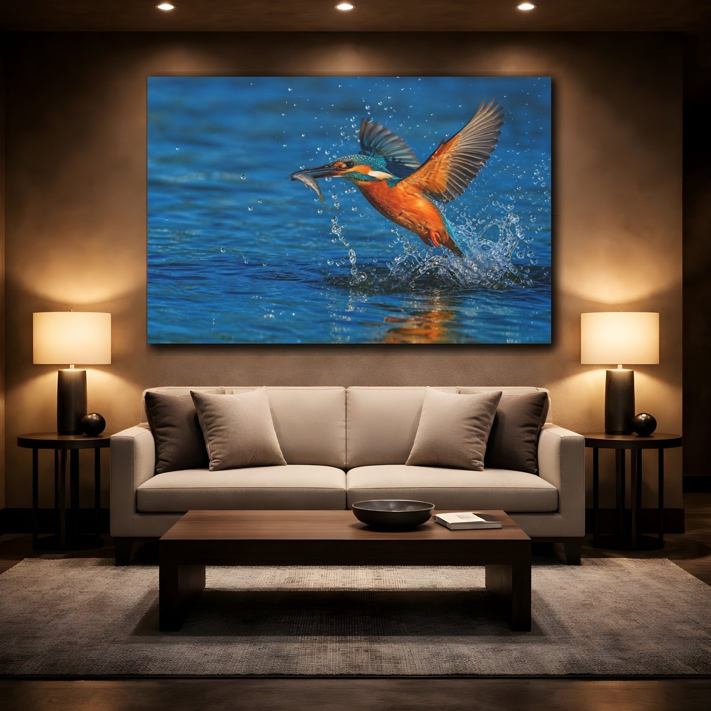 Mockup 2. Cinematic Nature Realism Kingfisher Above Blue River Water shown as stretched canvas wall art