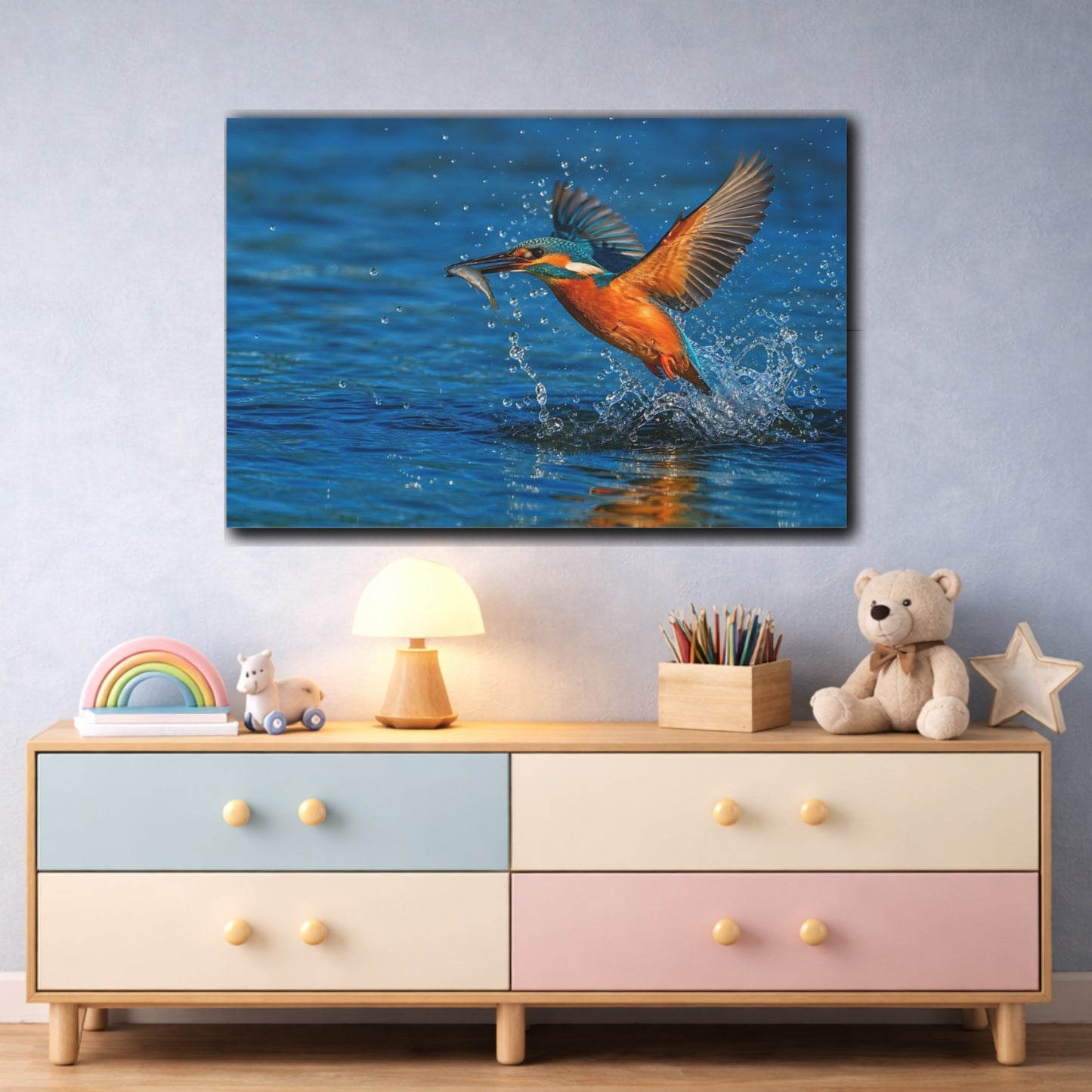 Mockup 3. Cinematic Nature Realism Kingfisher Above Blue River Water shown as stretched canvas wall art