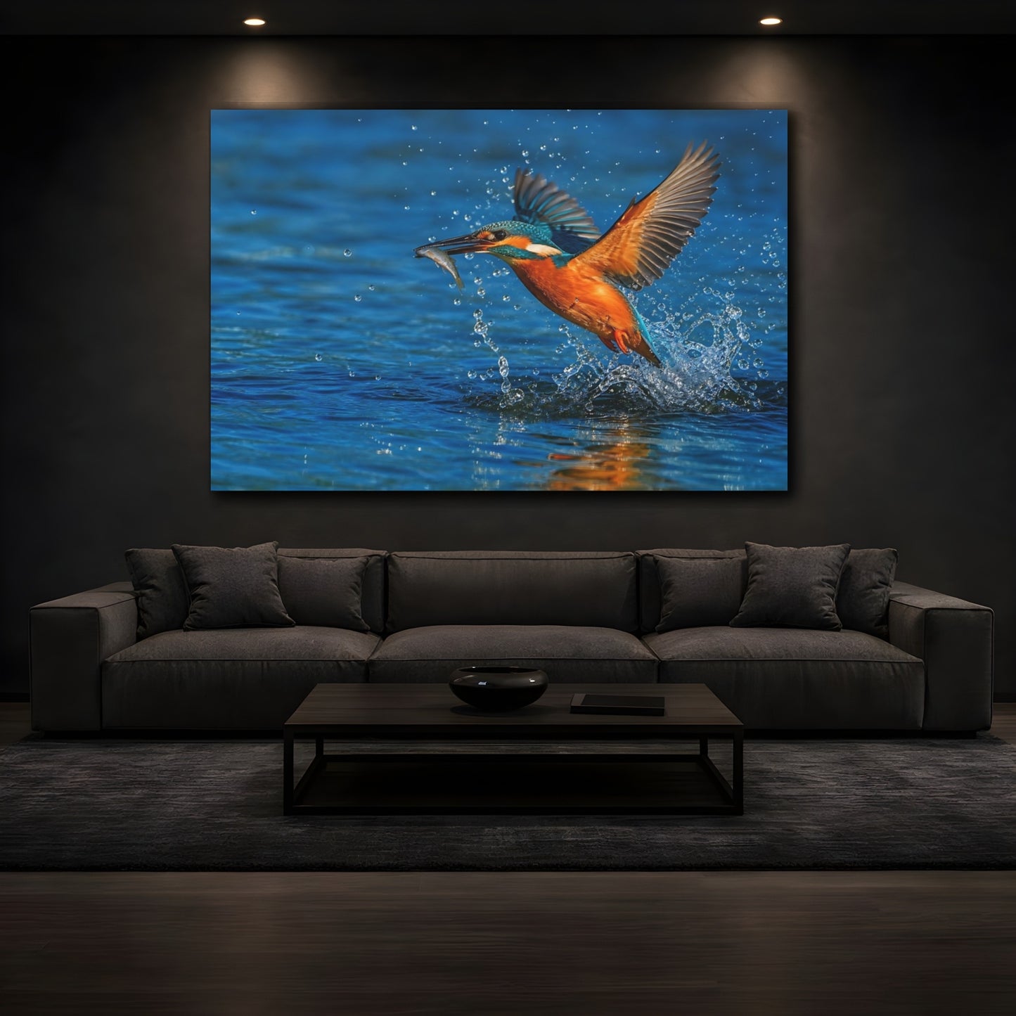 Mockup 4. Cinematic Nature Realism Kingfisher Above Blue River Water shown as stretched canvas wall art