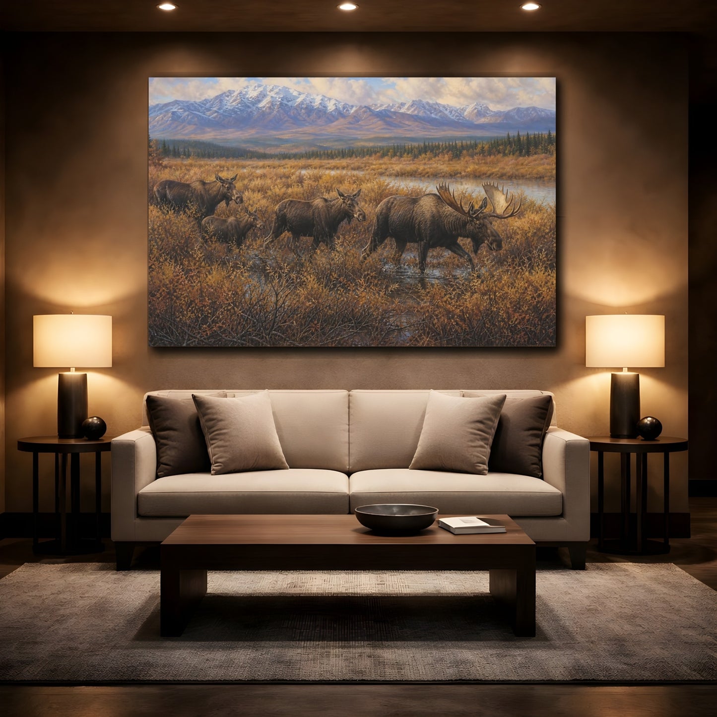 Mockup 2. Cinematic Nature Realism Moose Moving Through Willow Thicket shown as stretched canvas wall art