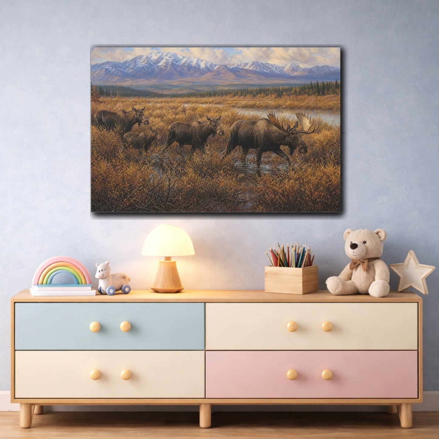 Mockup 3. Cinematic Nature Realism Moose Moving Through Willow Thicket shown as stretched canvas wall art