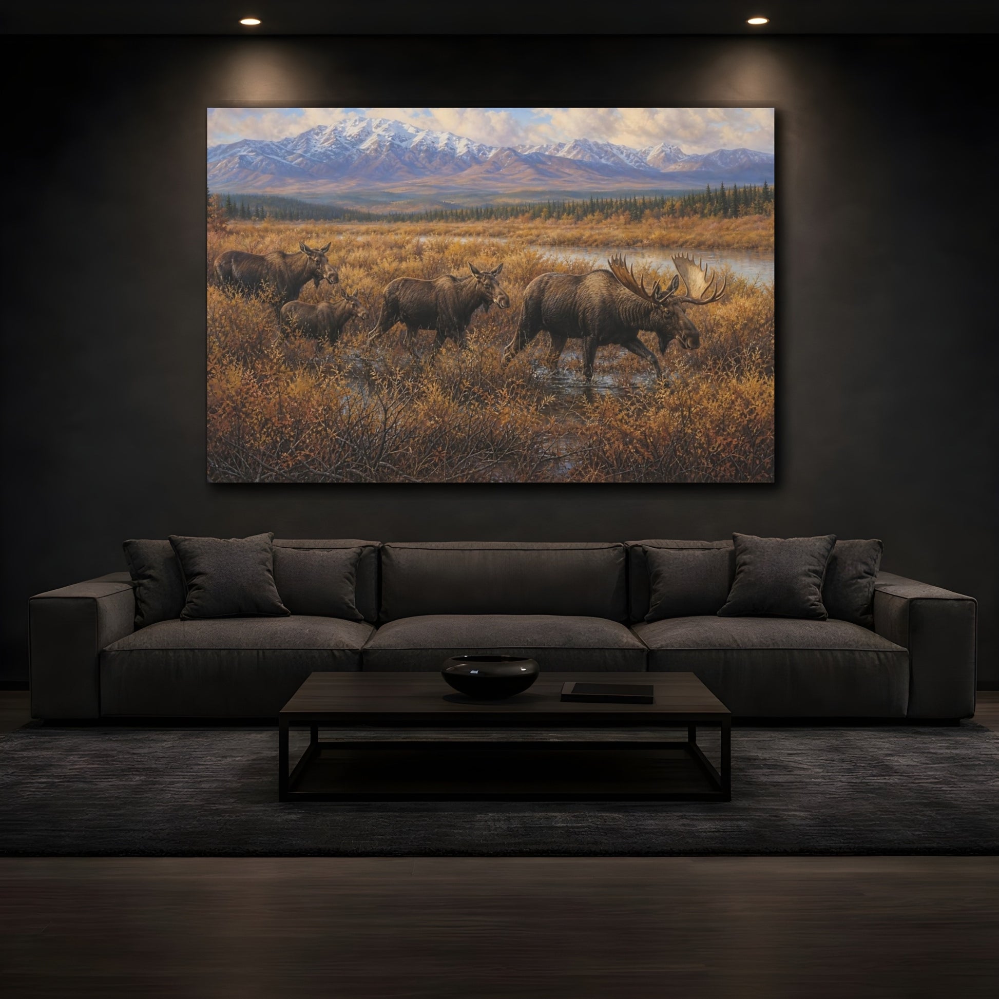 Mockup 4. Cinematic Nature Realism Moose Moving Through Willow Thicket shown as stretched canvas wall art