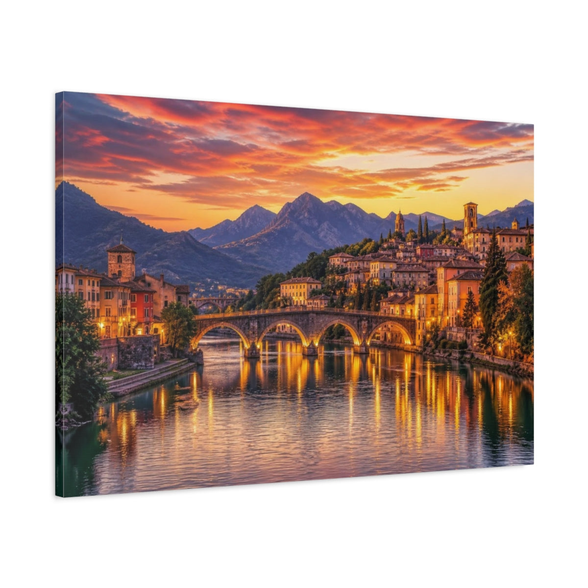 Main Mockup. Cinematic Riverside Town shown as canvas print