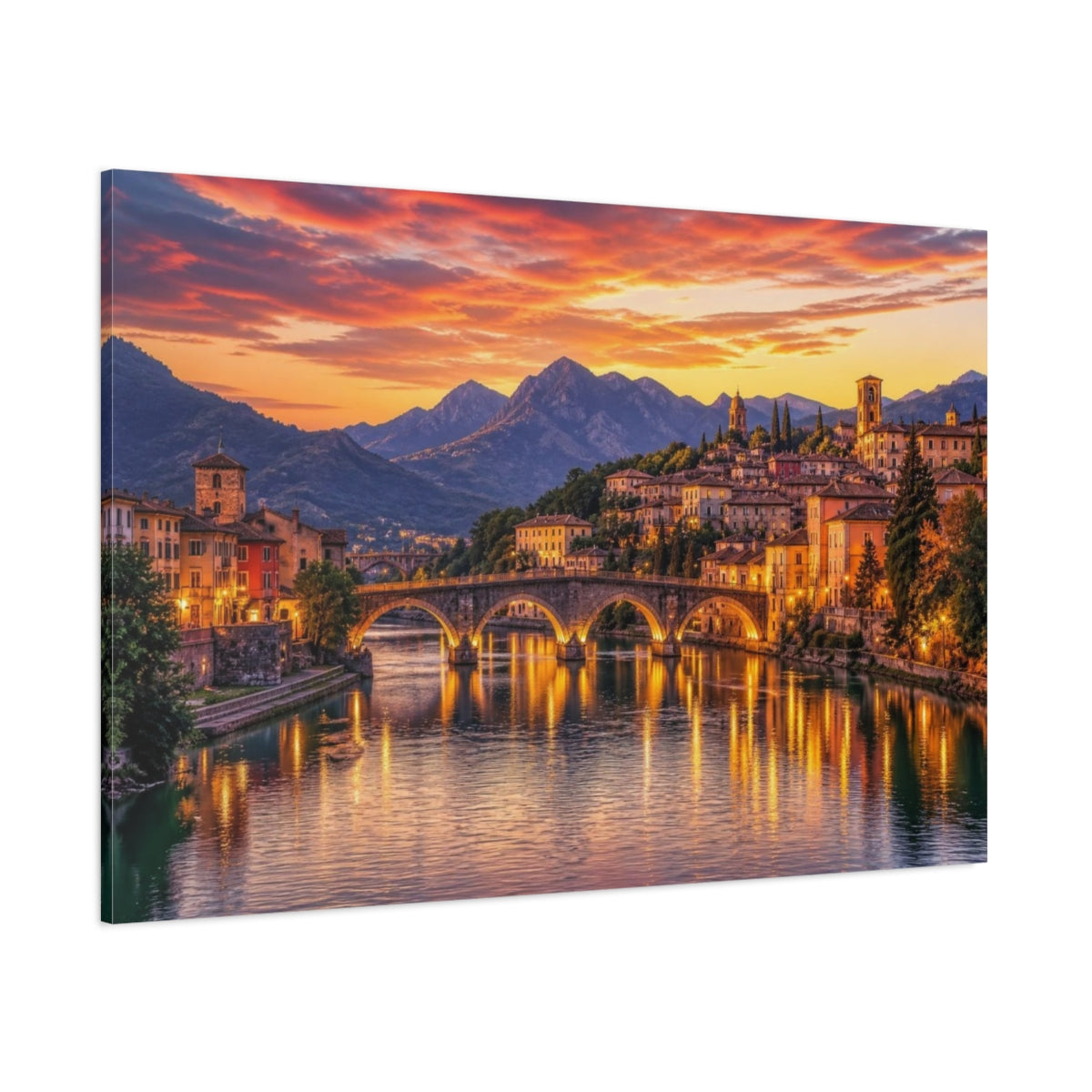 Side Mockup 1. Cinematic Riverside Town shown as canvas print