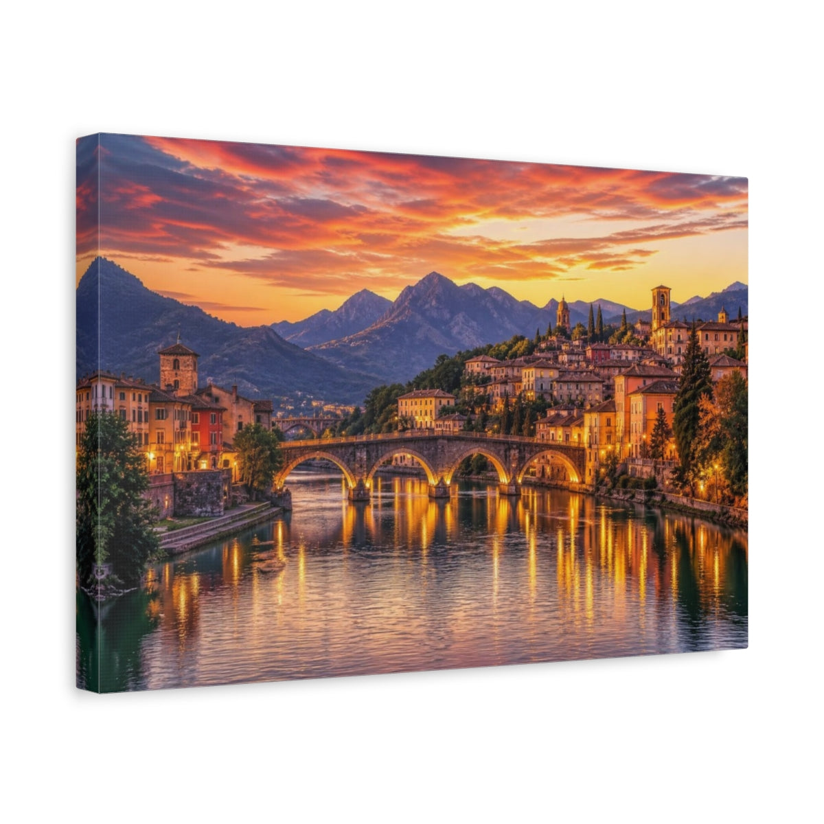Side Mockup 4. Cinematic Riverside Town shown as canvas print
