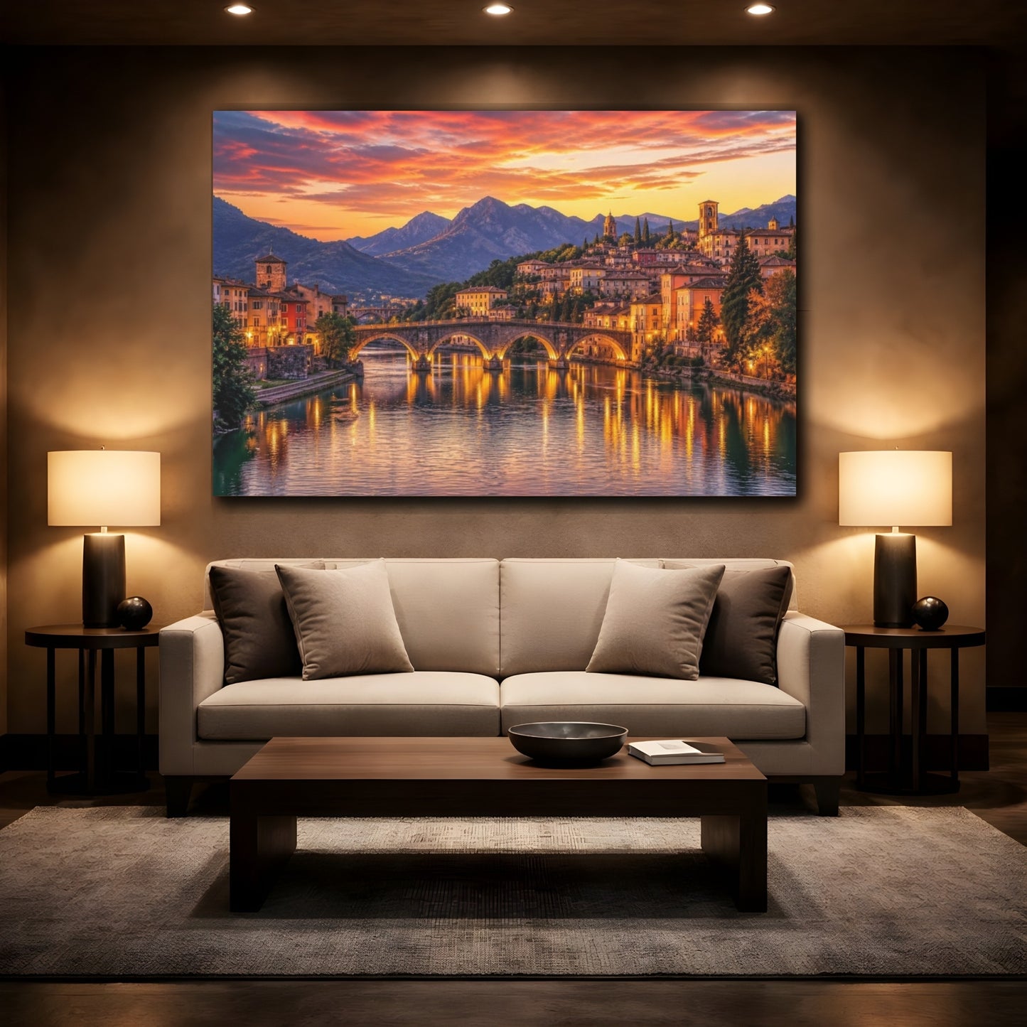 Mockup 2. Cinematic Riverside Town shown as canvas print