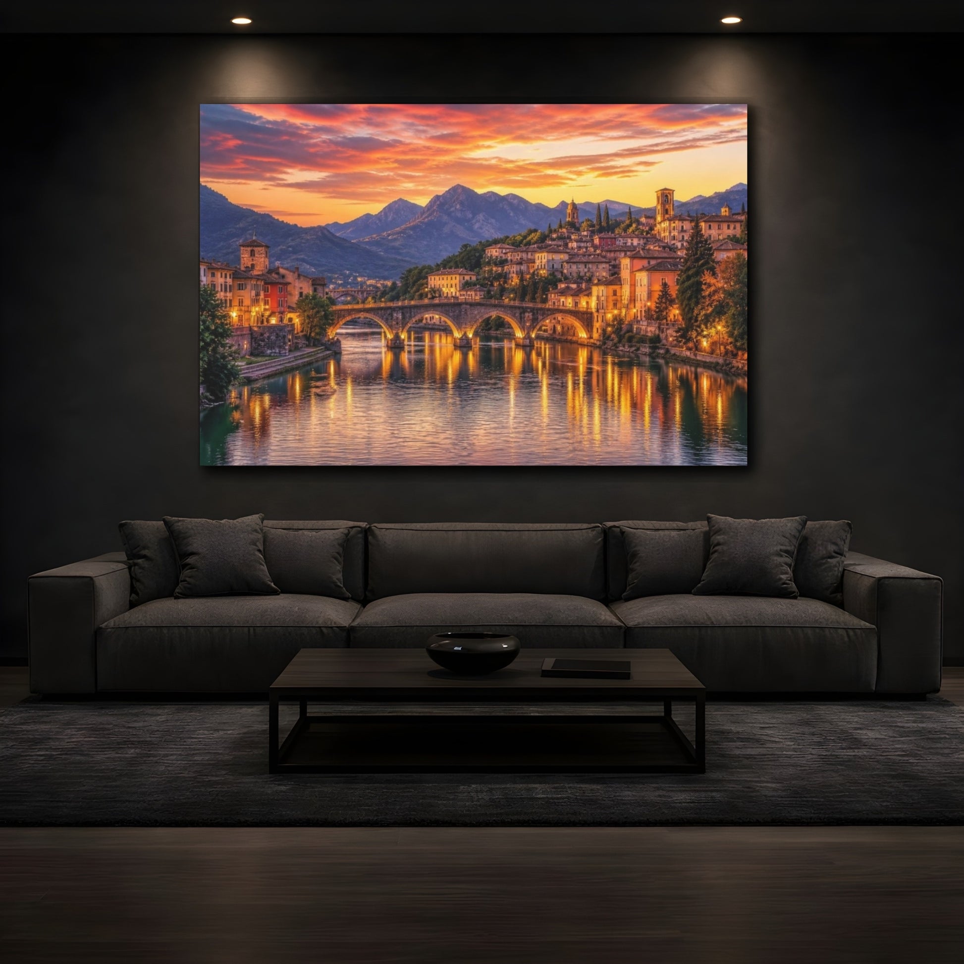 Mockup 3. Cinematic Riverside Town shown as canvas print