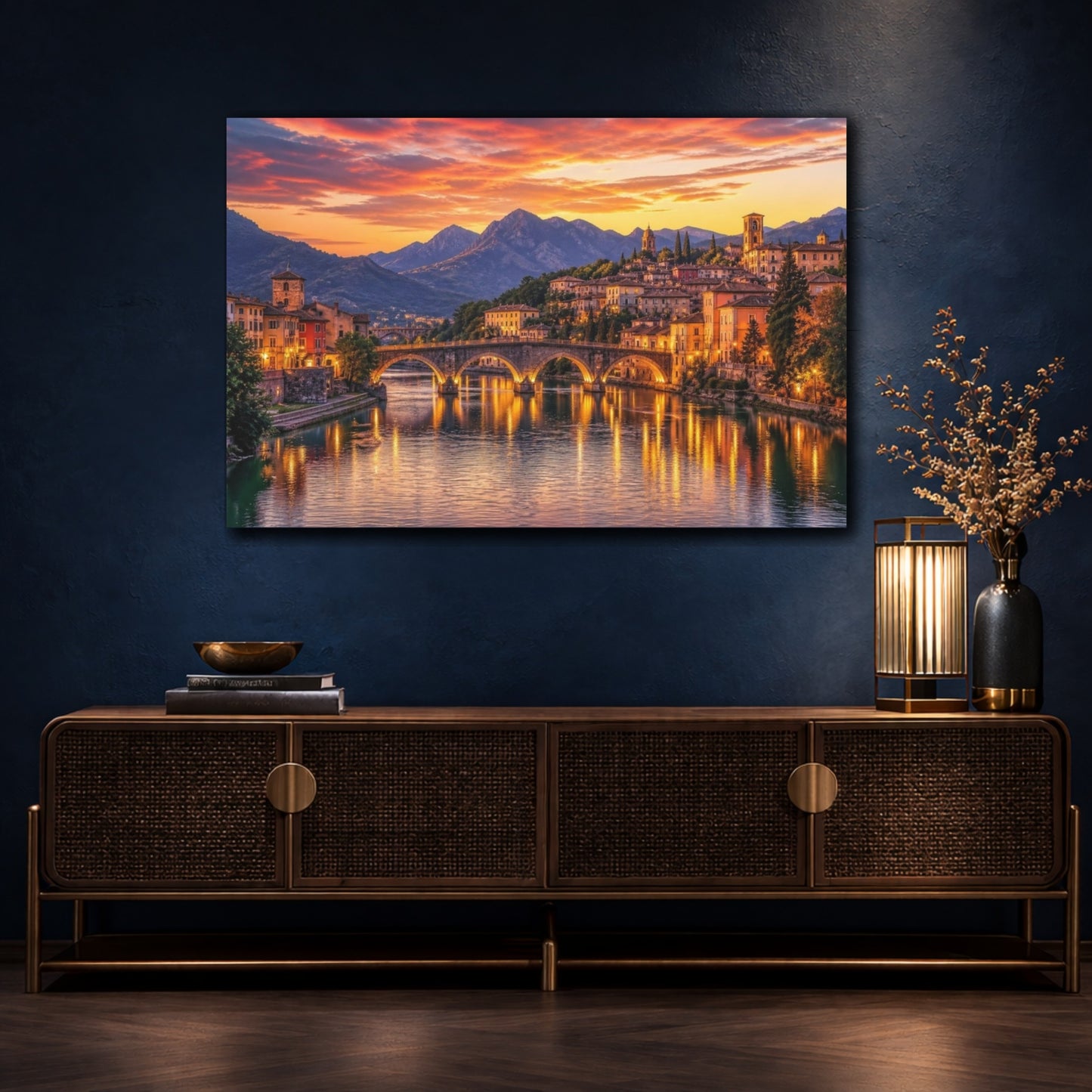 Mockup 4. Cinematic Riverside Town shown as canvas print