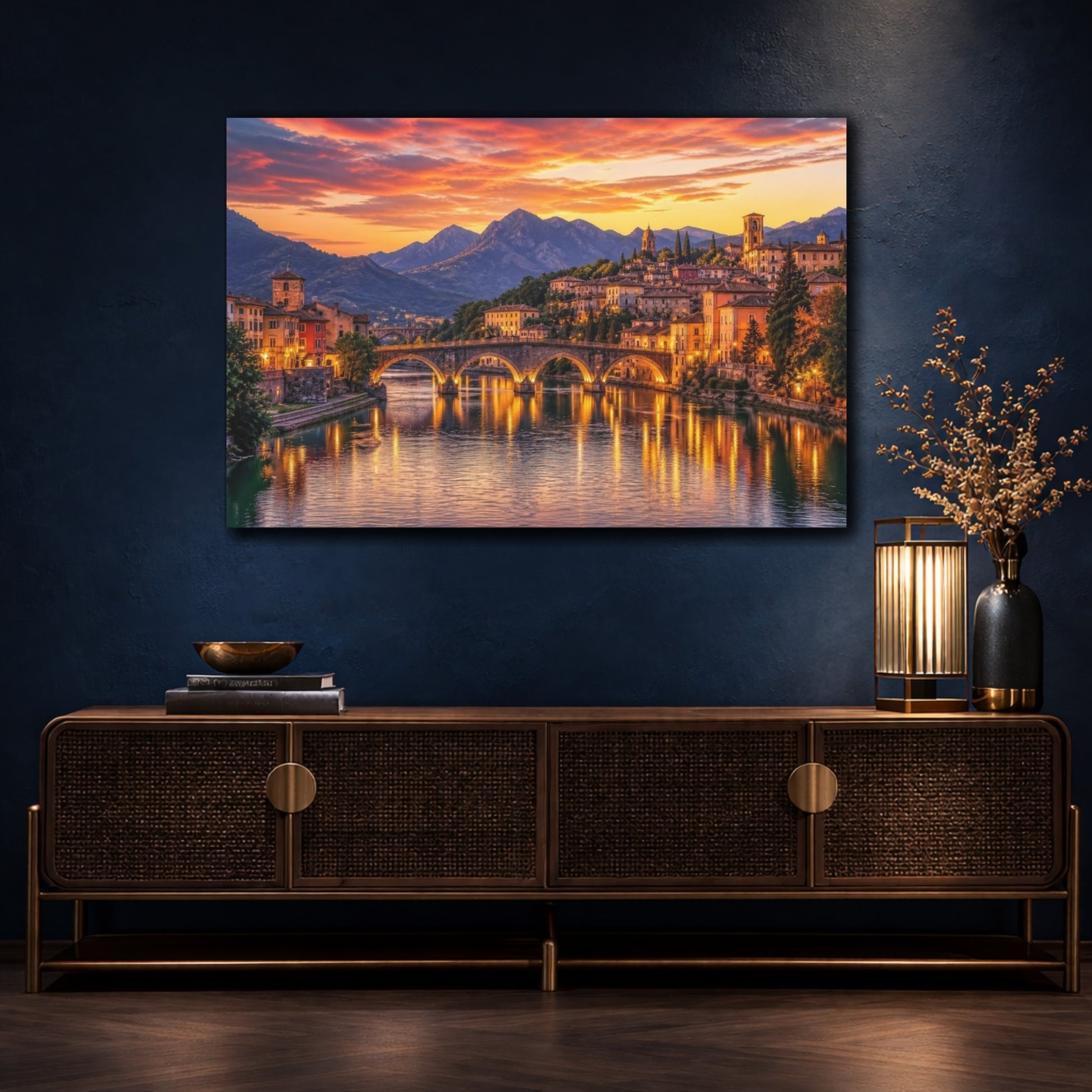 Mockup 4. Cinematic Riverside Town shown as canvas print