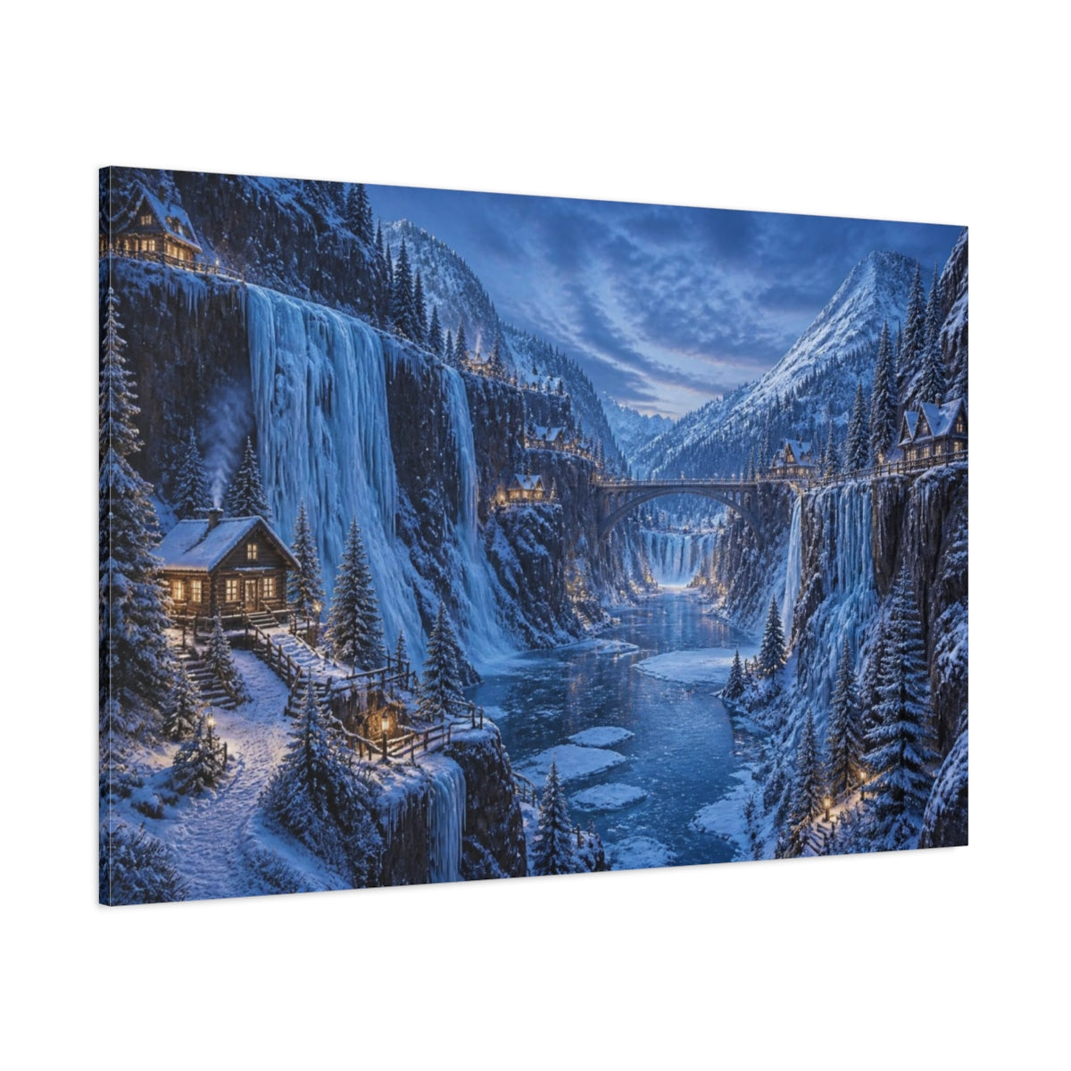 Side Mockup 1. Cinematic Snowy Canyon shown as canvas print