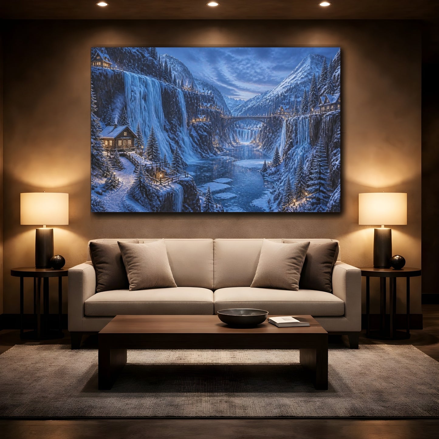 Mockup 2. Cinematic Snowy Canyon shown as canvas print