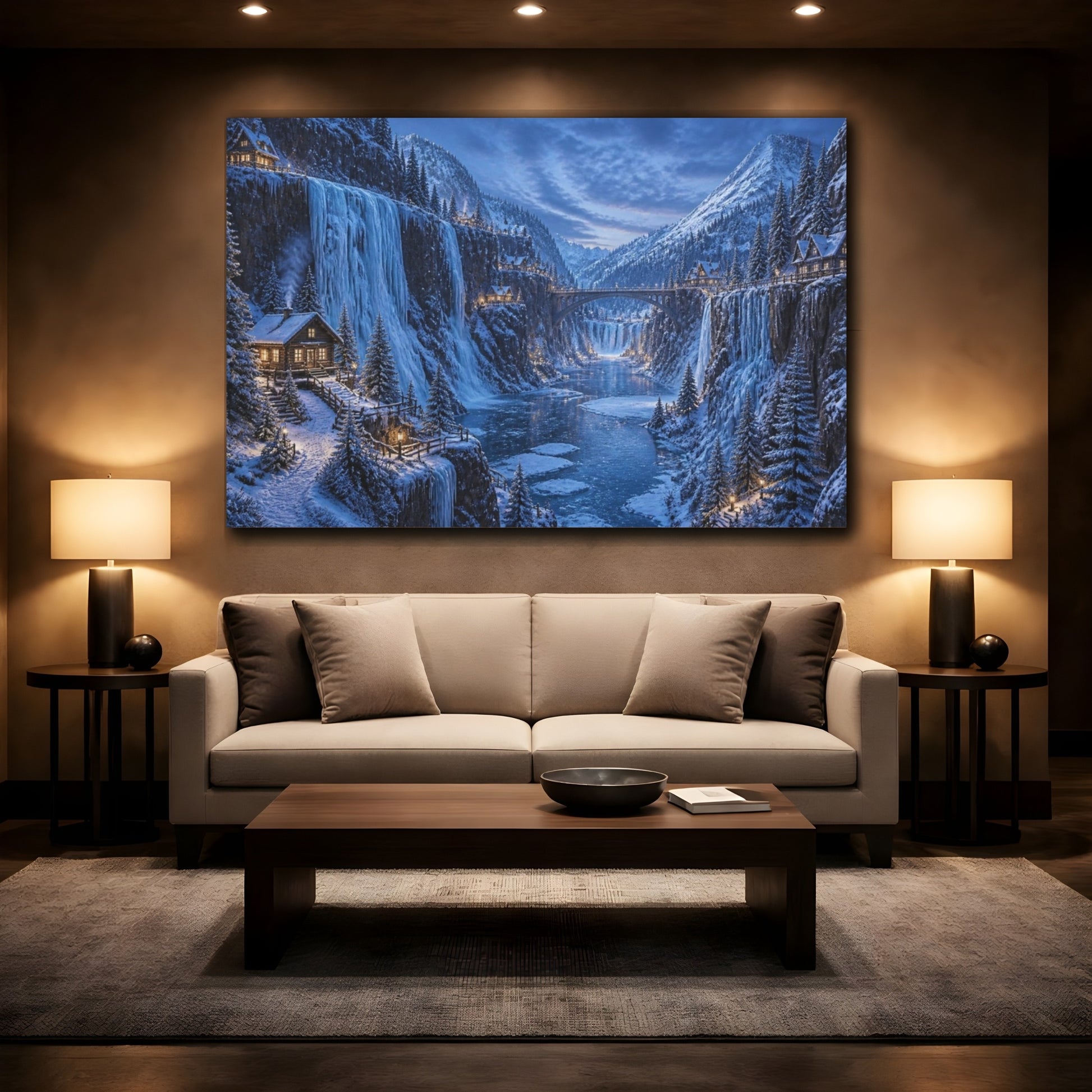 Mockup 2. Cinematic Snowy Canyon shown as canvas print