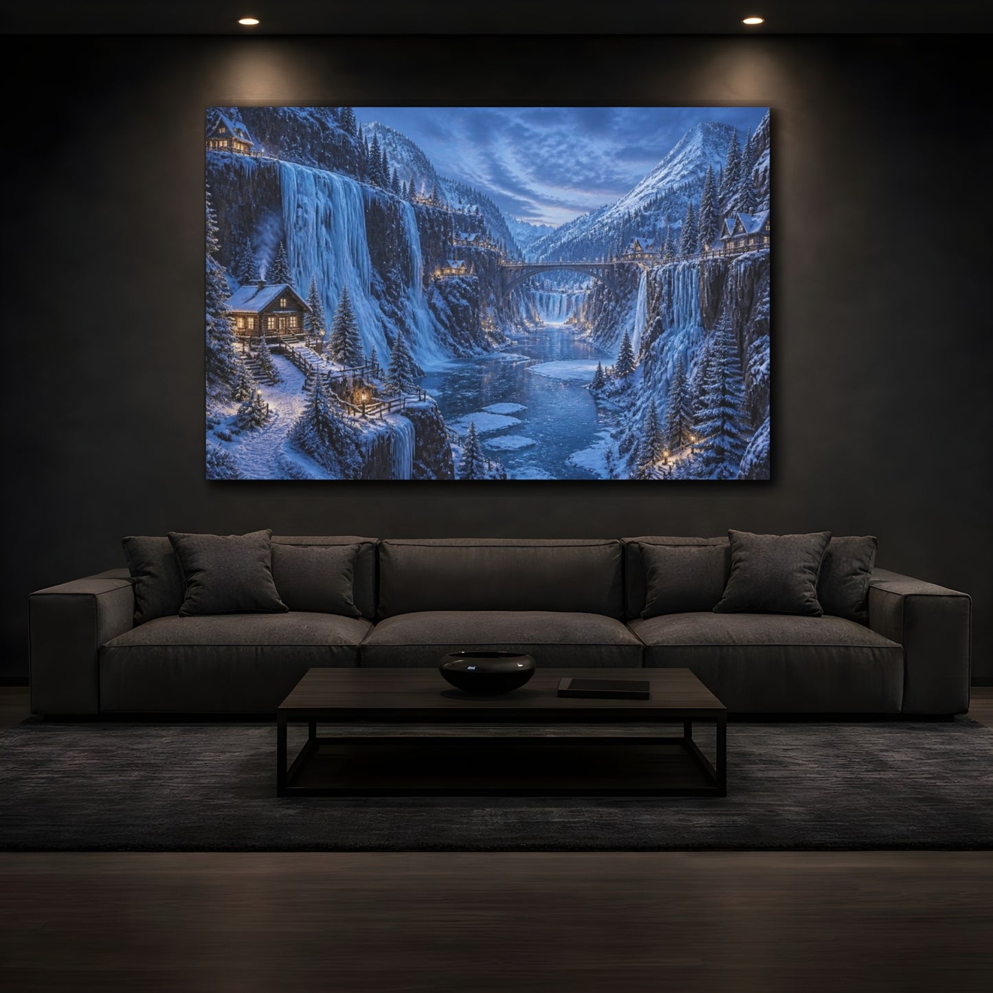 Mockup 3. Cinematic Snowy Canyon shown as canvas print