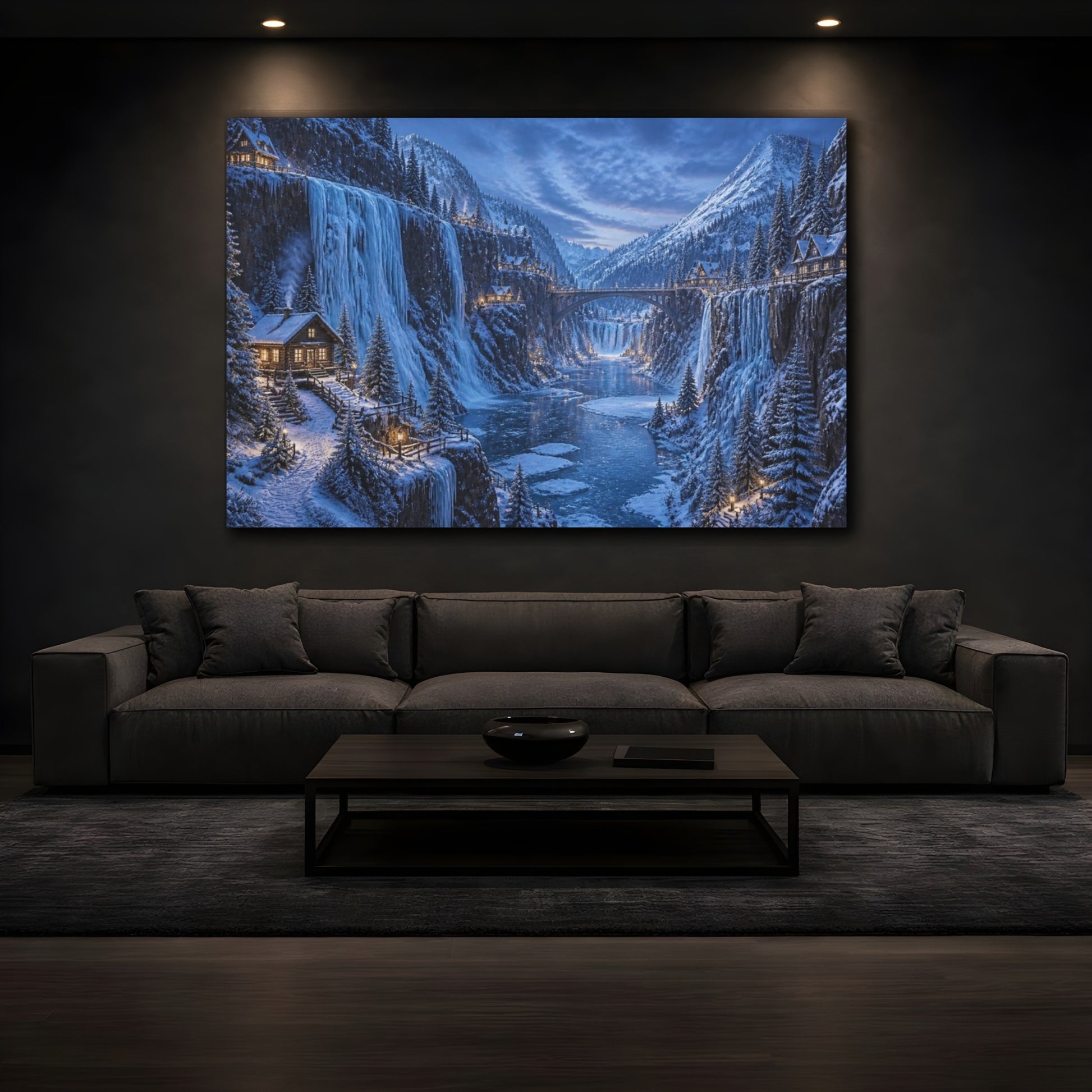 Mockup 3. Cinematic Snowy Canyon shown as canvas print