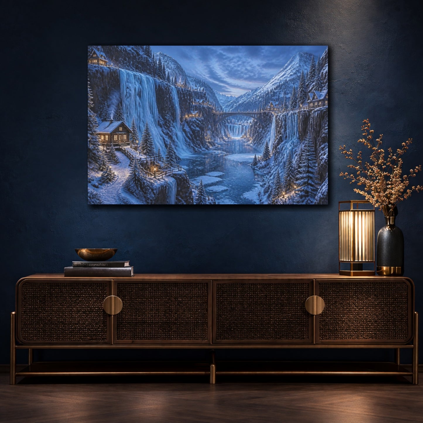 Mockup 4. Cinematic Snowy Canyon shown as canvas print