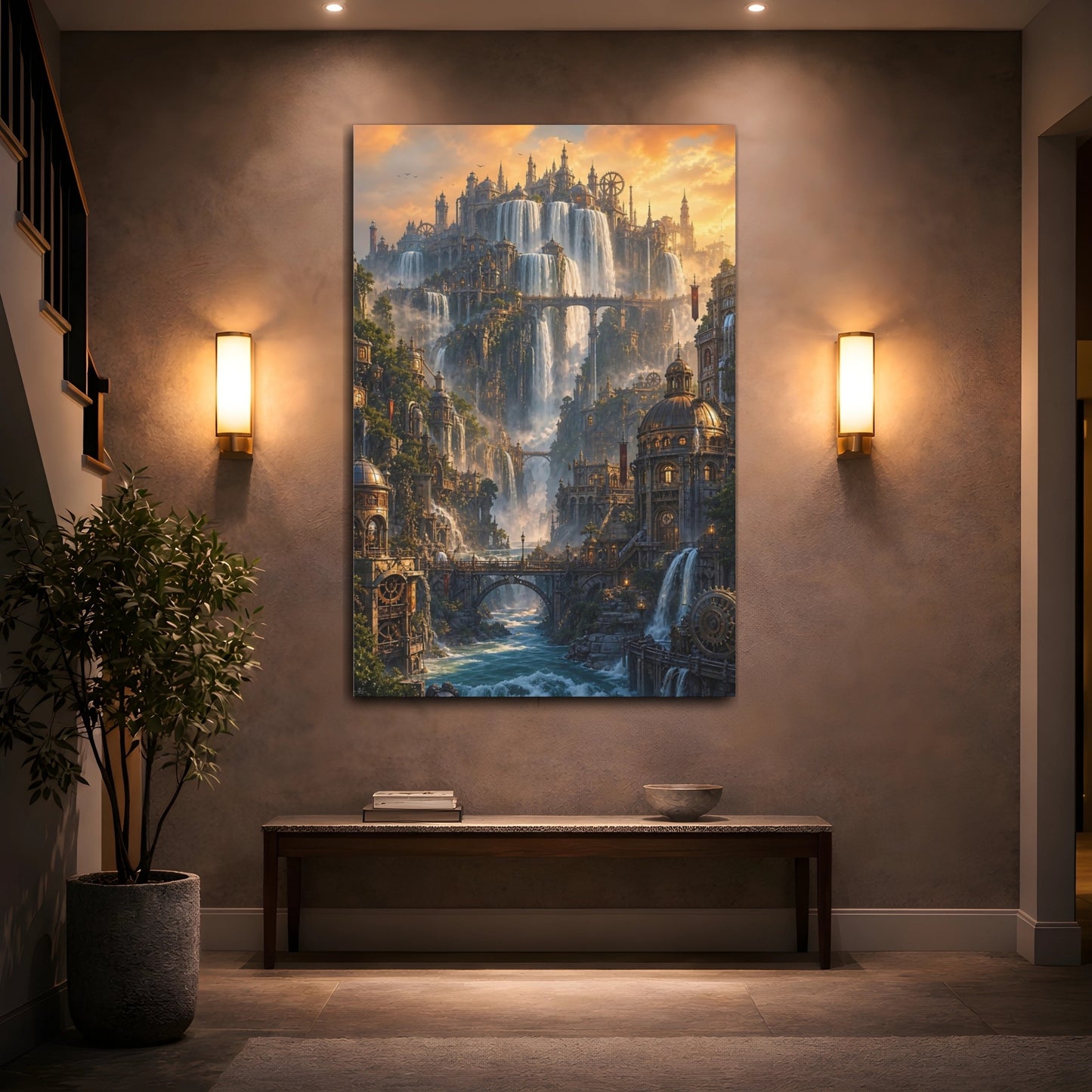 Mockup 2. City Of Cascading Falls shown as canvas print
