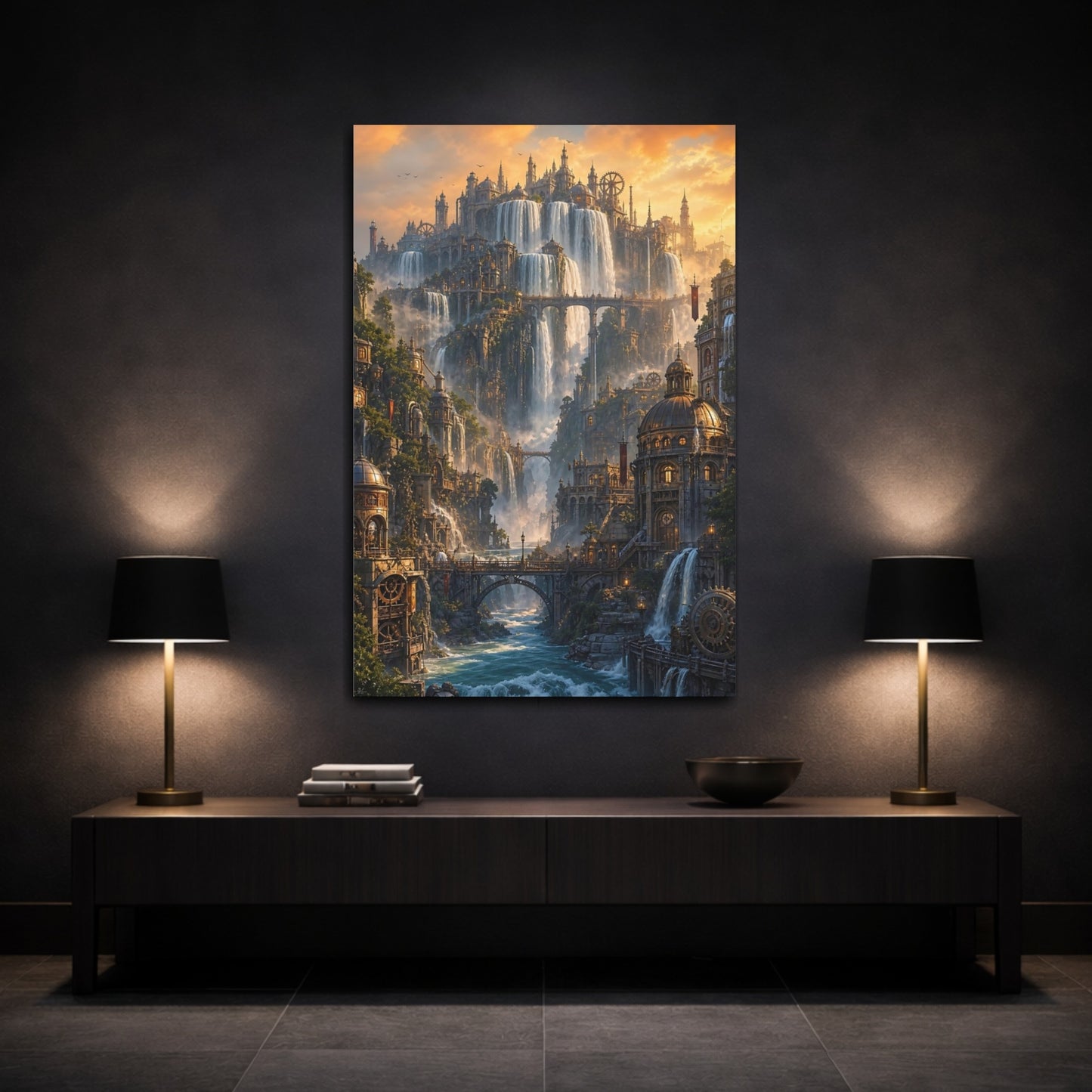 Mockup 3. City Of Cascading Falls shown as canvas print