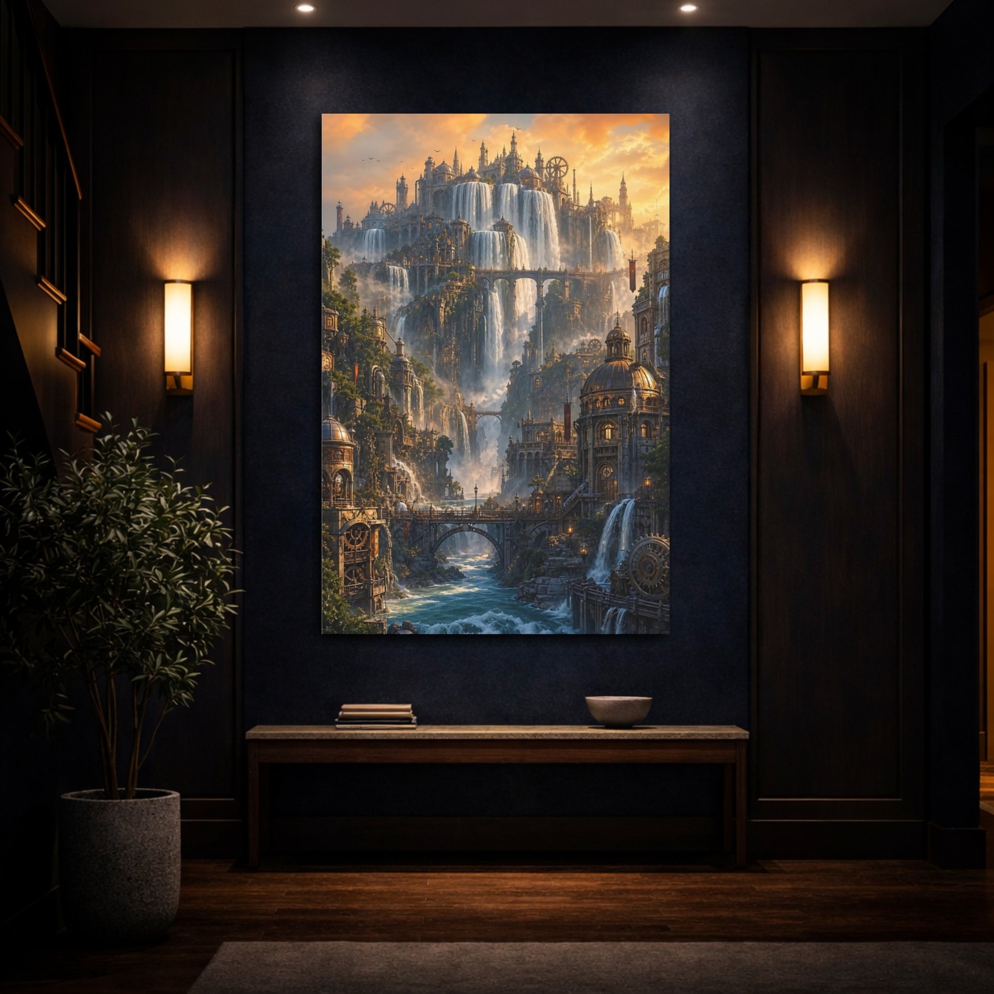 Mockup 4. City Of Cascading Falls shown as canvas print