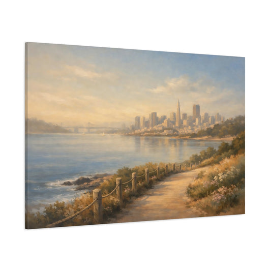 Main Mockup. Cityscape Coastal Path Morning Walk View shown as stretched canvas wall art
