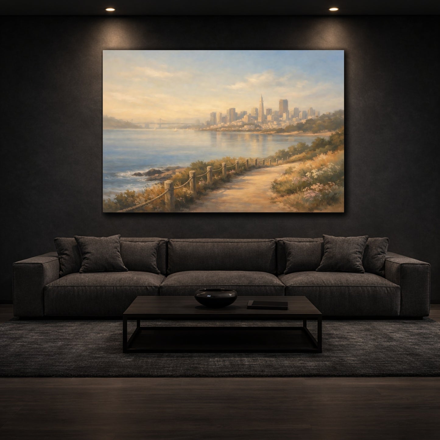 Mockup 2. Cityscape Coastal Path Morning Walk View shown as stretched canvas wall art