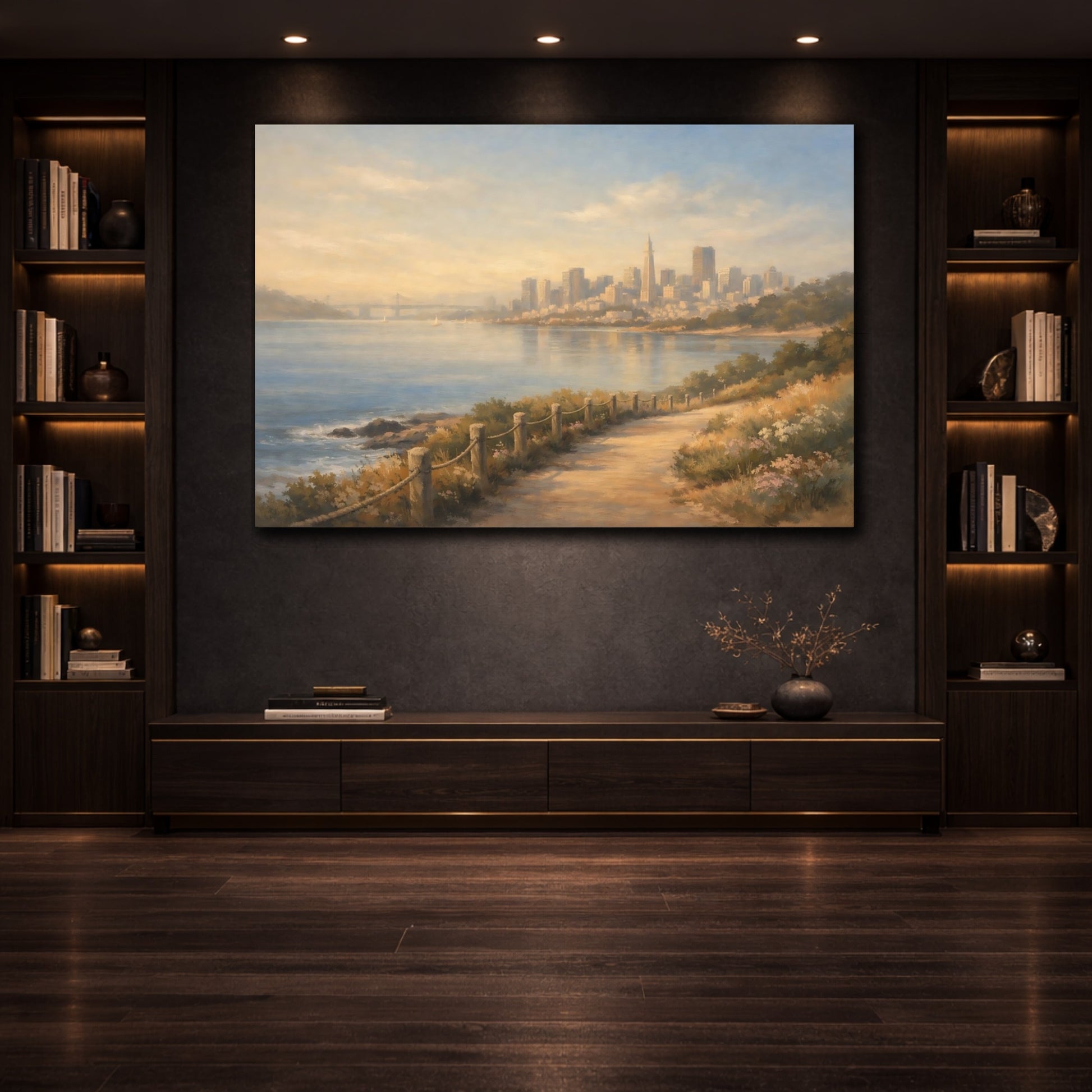 Mockup 3. Cityscape Coastal Path Morning Walk View shown as stretched canvas wall art