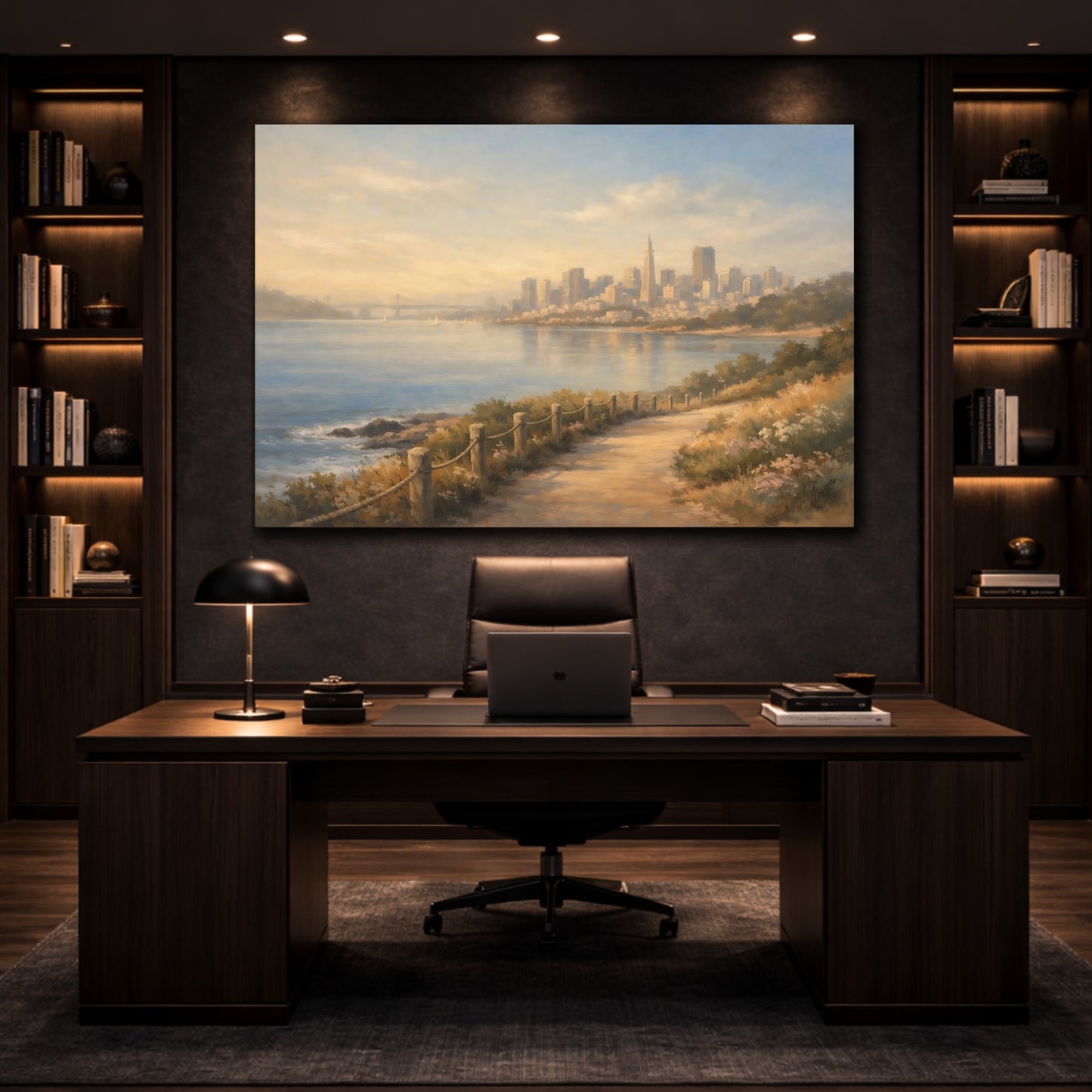 Mockup 4. Cityscape Coastal Path Morning Walk View shown as stretched canvas wall art