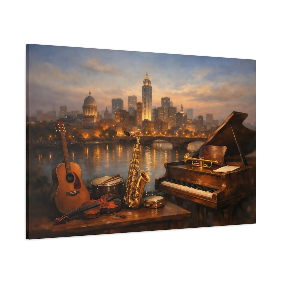 Main Mockup. Cityscape Instrument Collection Display Scene shown as stretched canvas wall art