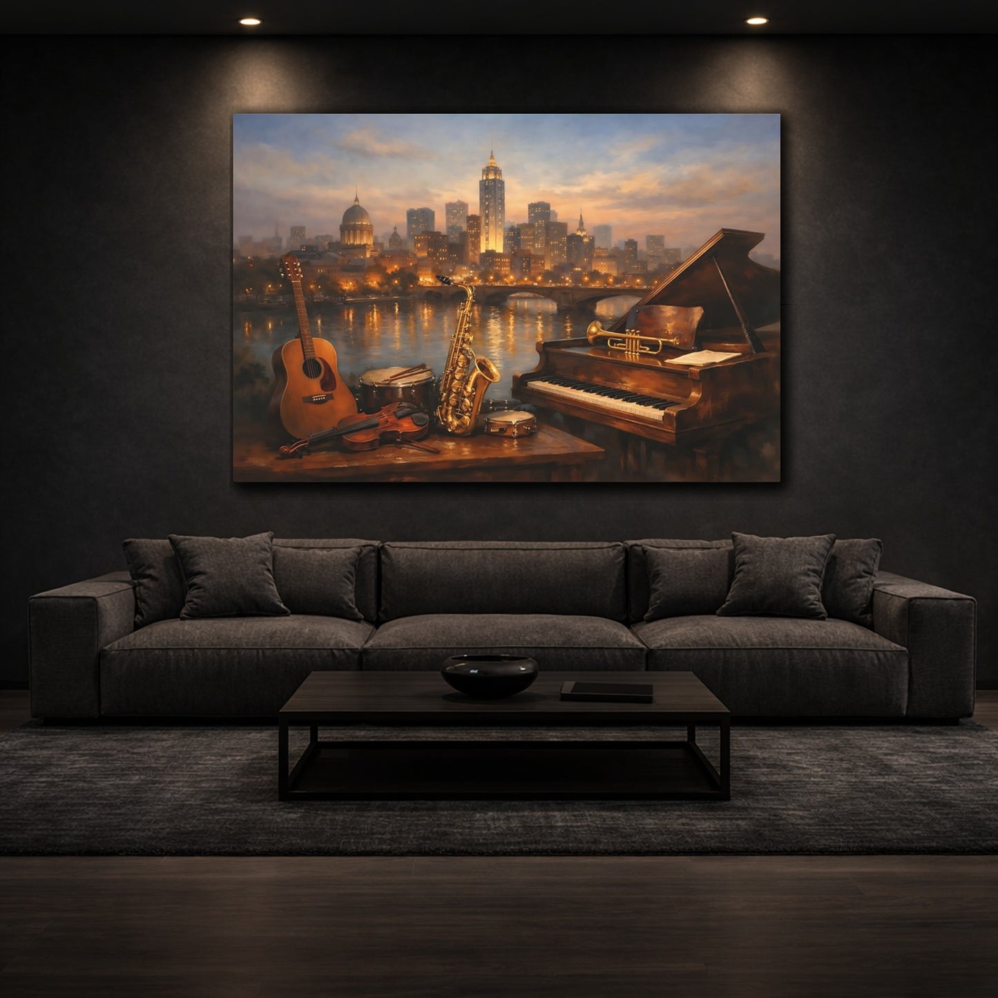Mockup 2. Cityscape Instrument Collection Display Scene shown as stretched canvas wall art