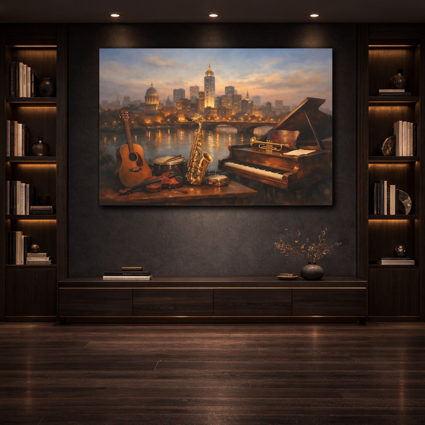Mockup 3. Cityscape Instrument Collection Display Scene shown as stretched canvas wall art