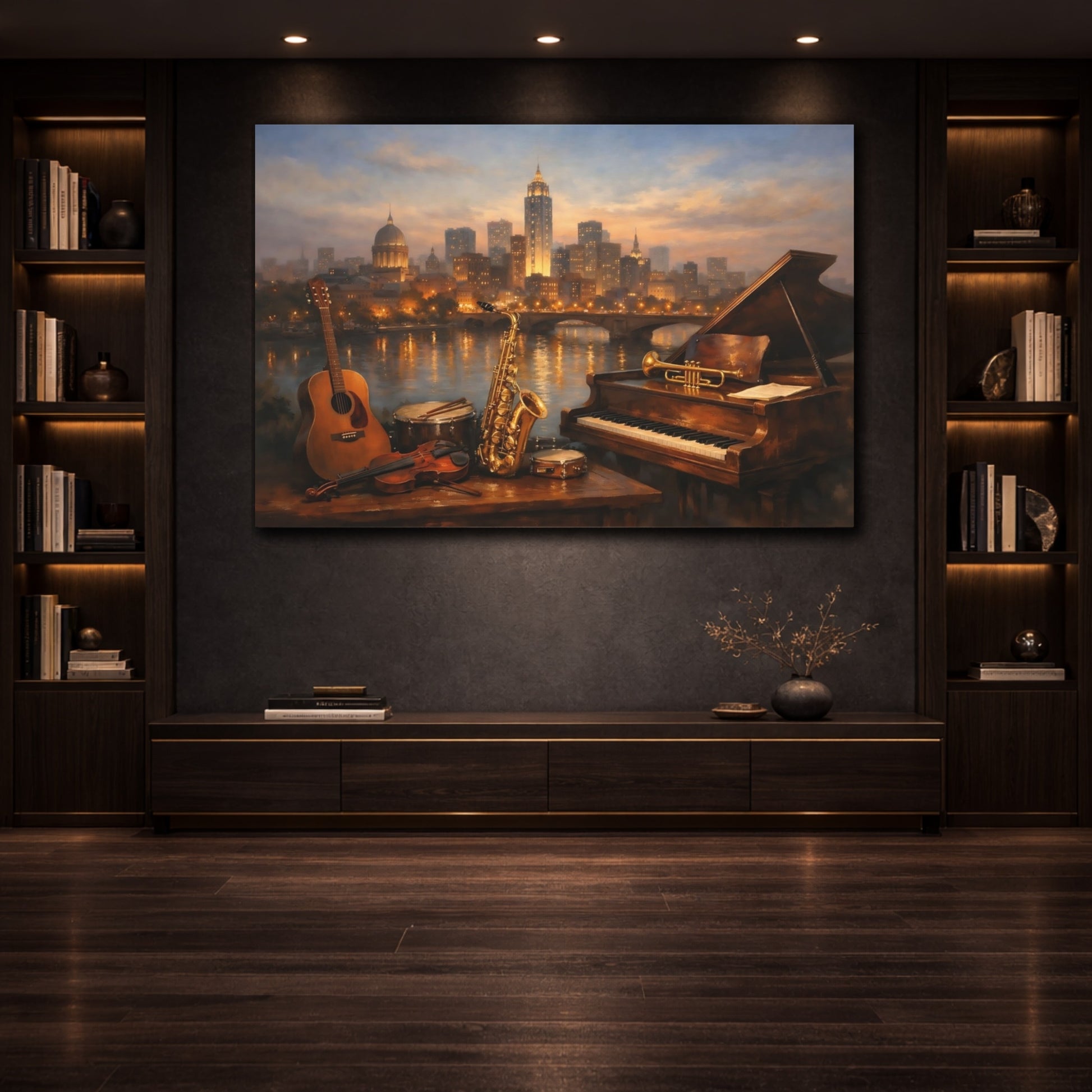 Mockup 3. Cityscape Instrument Collection Display Scene shown as stretched canvas wall art