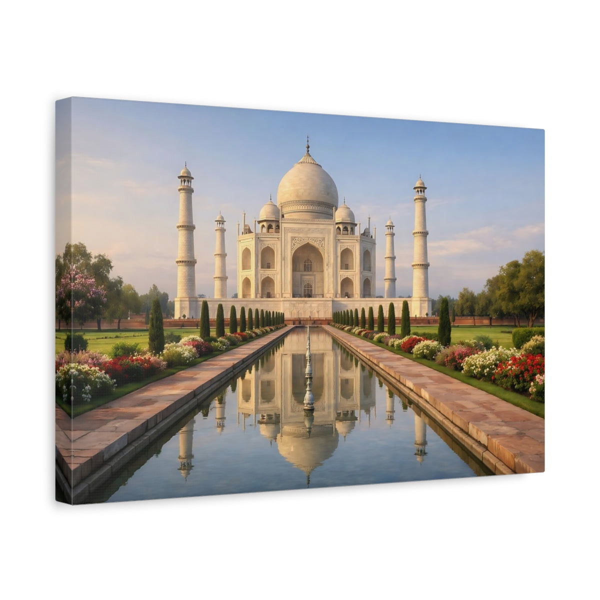 Side Mockup 4. Religious Taj Mahal White Marble Architecture shown as stretched canvas wall art