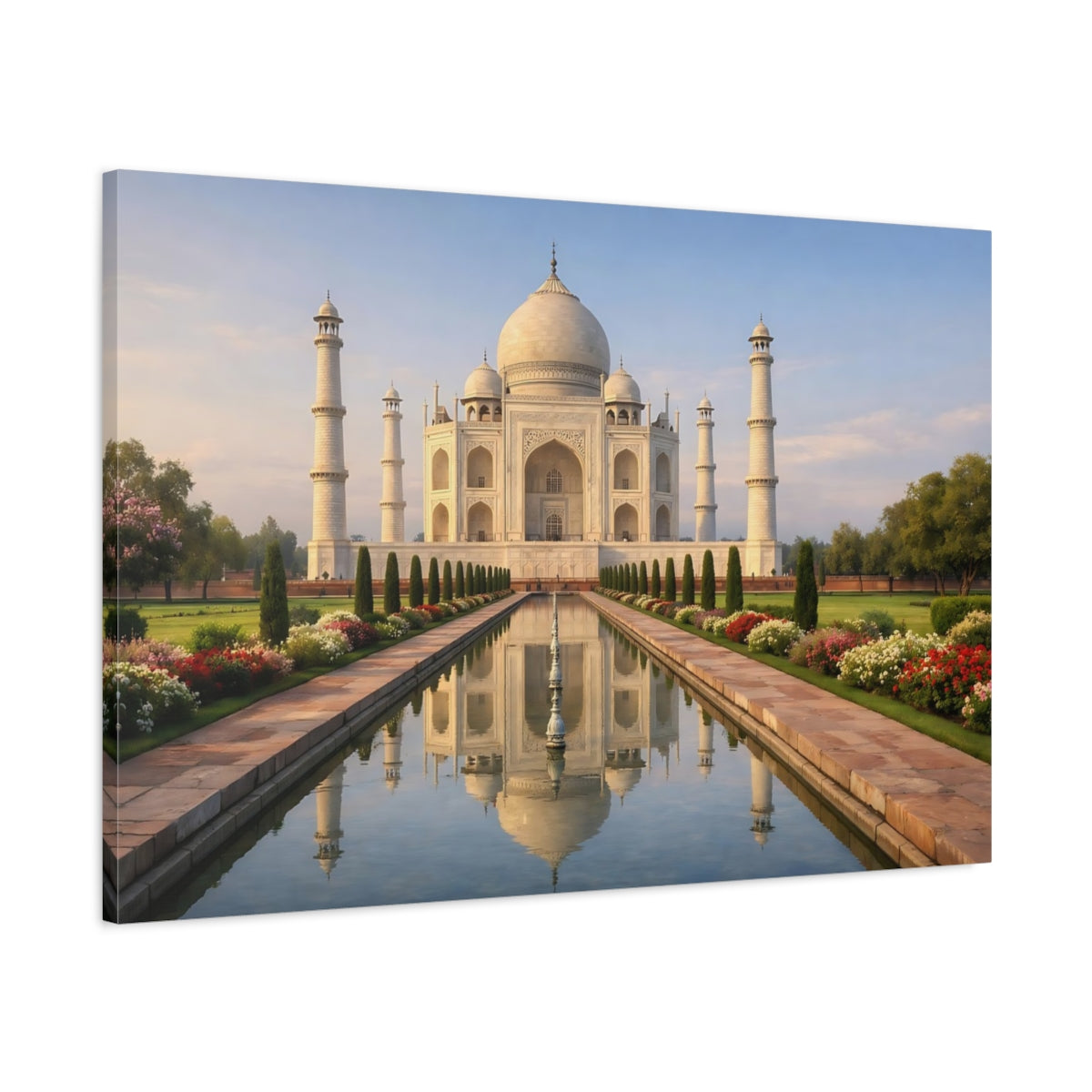 Side Mockup 1. Religious Taj Mahal White Marble Architecture shown as stretched canvas wall art