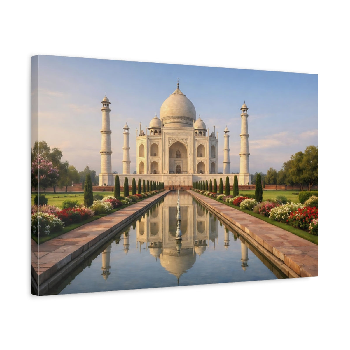 Side Mockup 3. Religious Taj Mahal White Marble Architecture shown as stretched canvas wall art