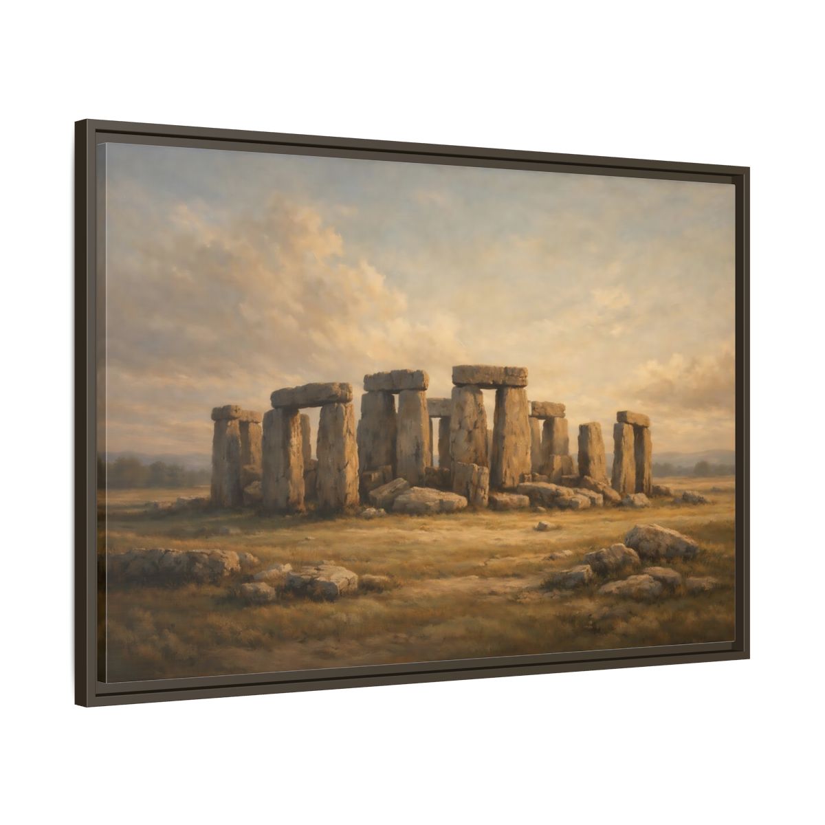 Side Mockup 9. Nature Stonehenge Brown And Gold Landscape shown as stretched canvas wall art