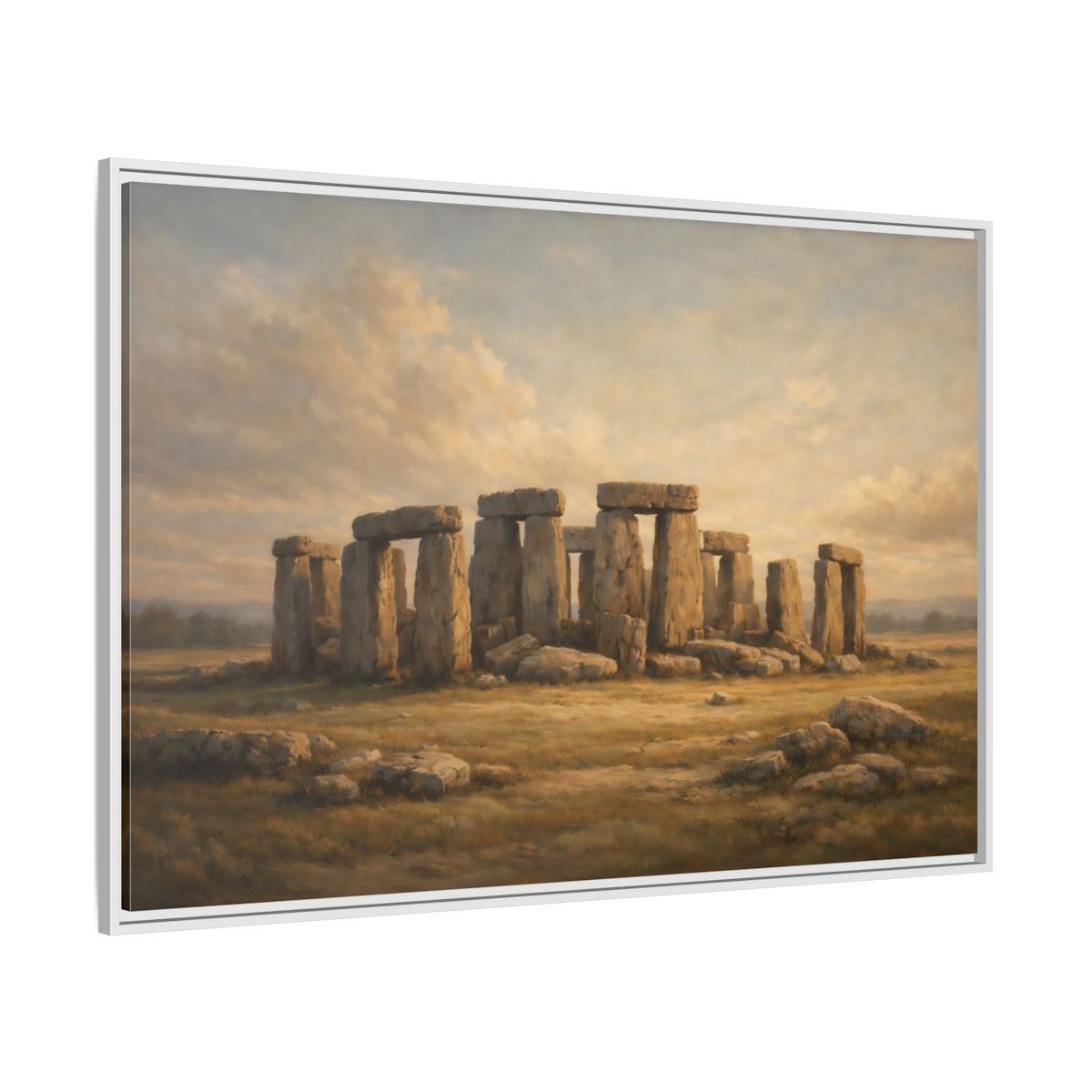 Side Mockup 7. Nature Stonehenge Brown And Gold Landscape shown as stretched canvas wall art