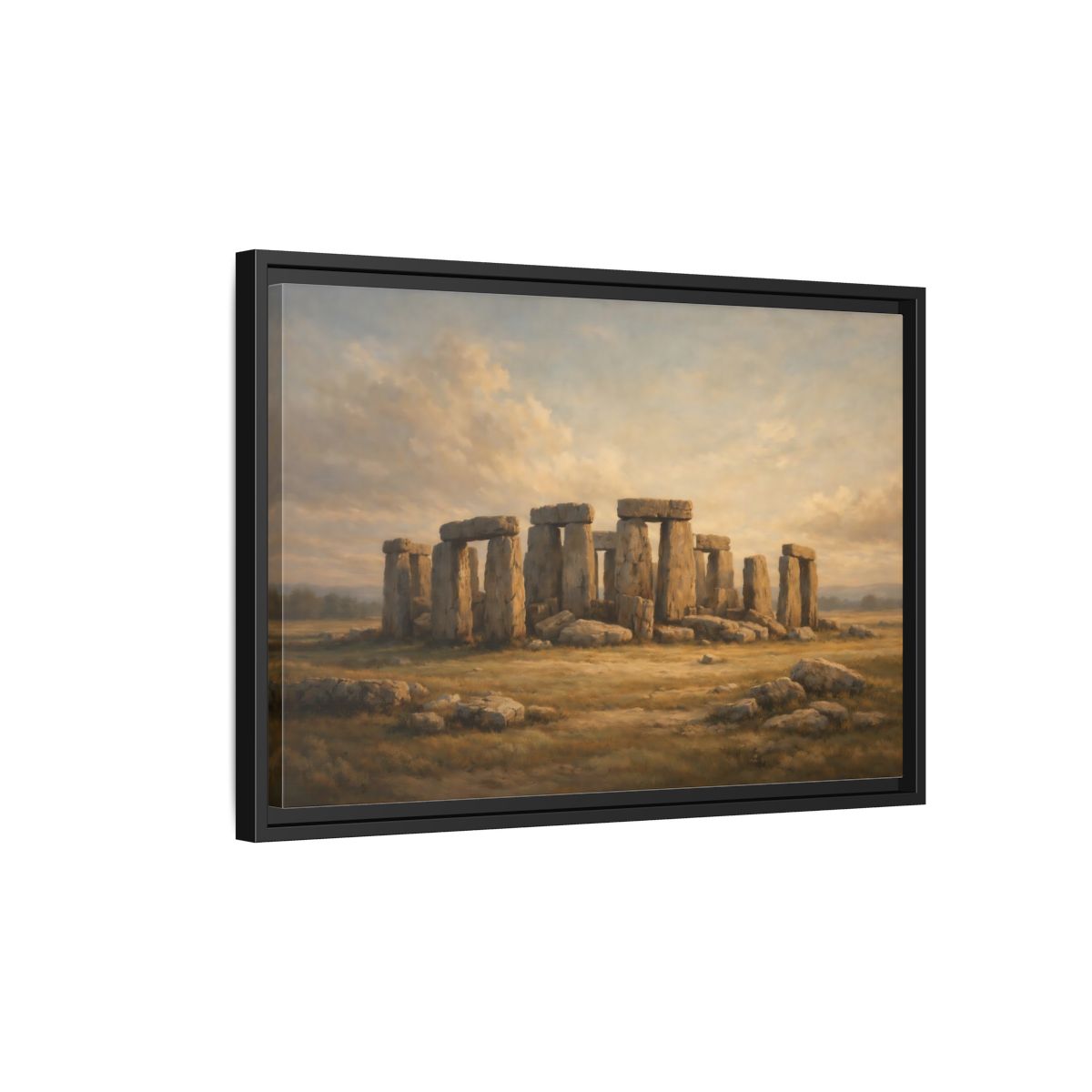 Side Mockup 3. Nature Stonehenge Brown And Gold Landscape shown as stretched canvas wall art