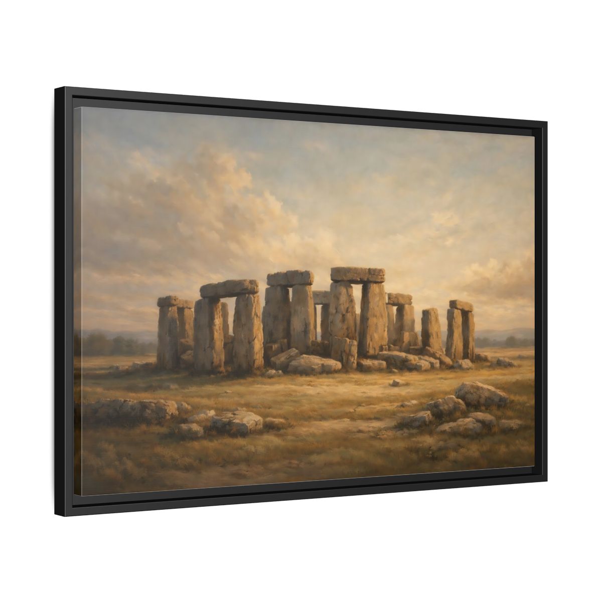 Side Mockup 14. Nature Stonehenge Brown And Gold Landscape shown as stretched canvas wall art
